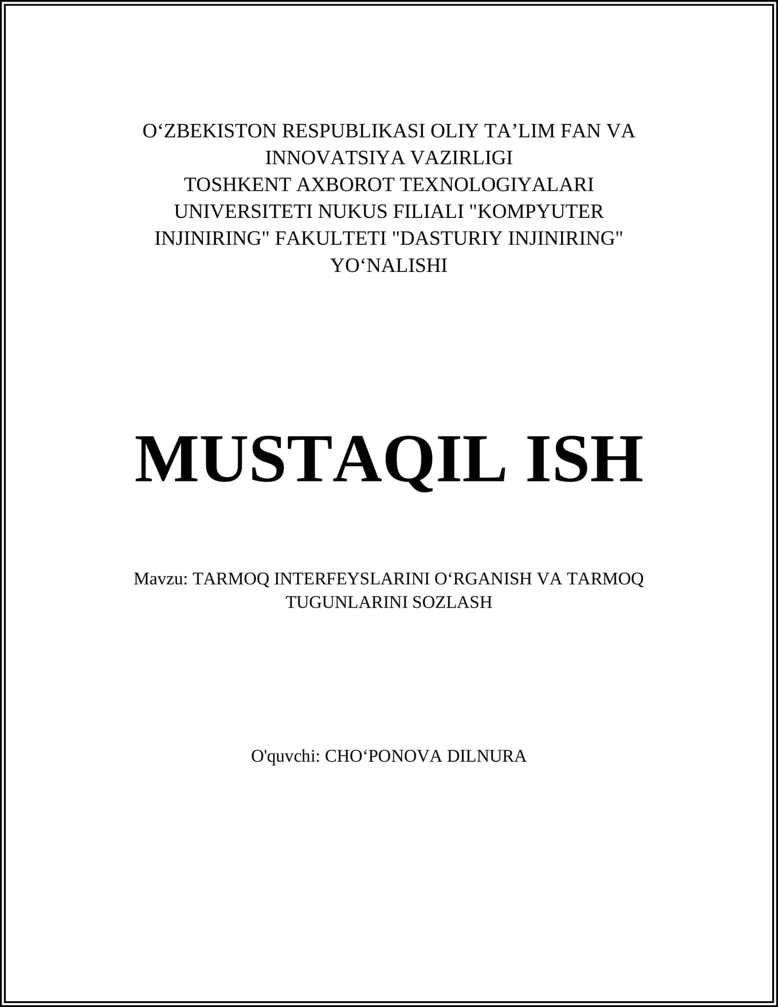 Tarmoq Interfeyslarini O‘rganish va Tarmoq Tugunlarini Sozlash