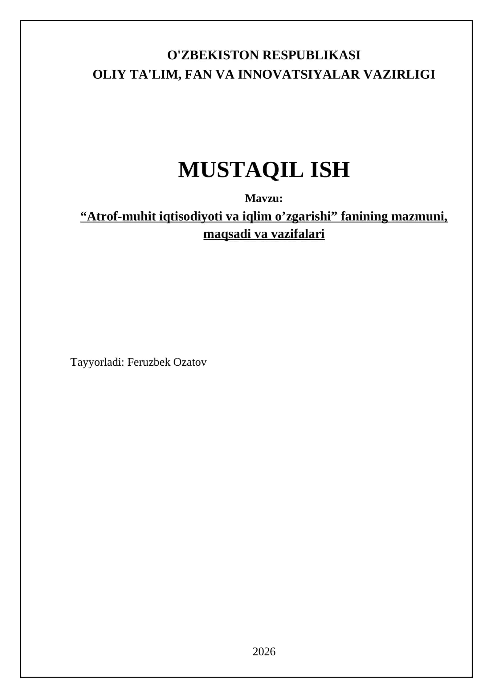 Atrof-muhit iqtisodiyoti va iqlim o’zgarishi fani