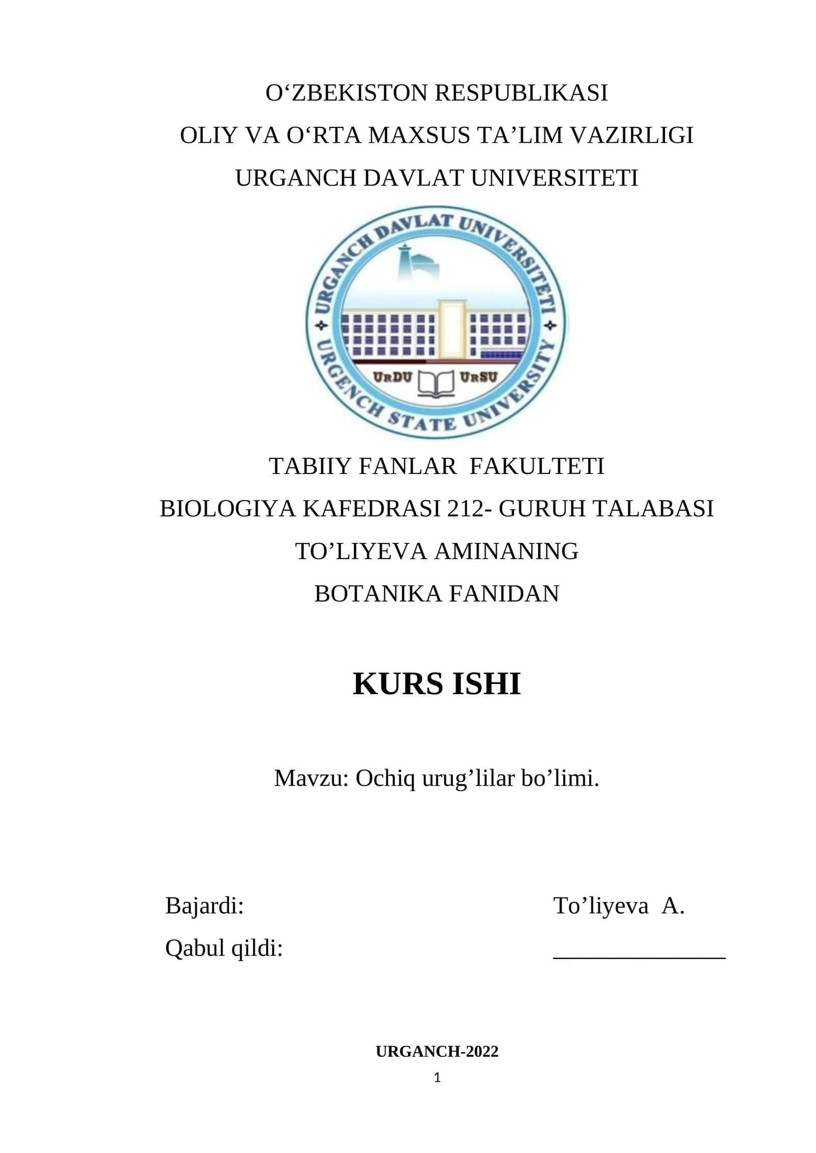 Ochiq urug’lilar bo’limi