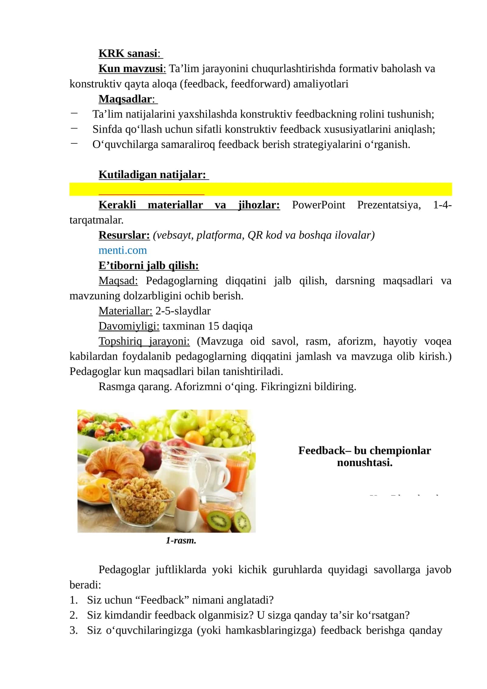 Taʼlim jarayonini chuqurlashtirishda formativ baholash va konstruktiv qayta aloqa (feedback, feedforward) amaliyotlari