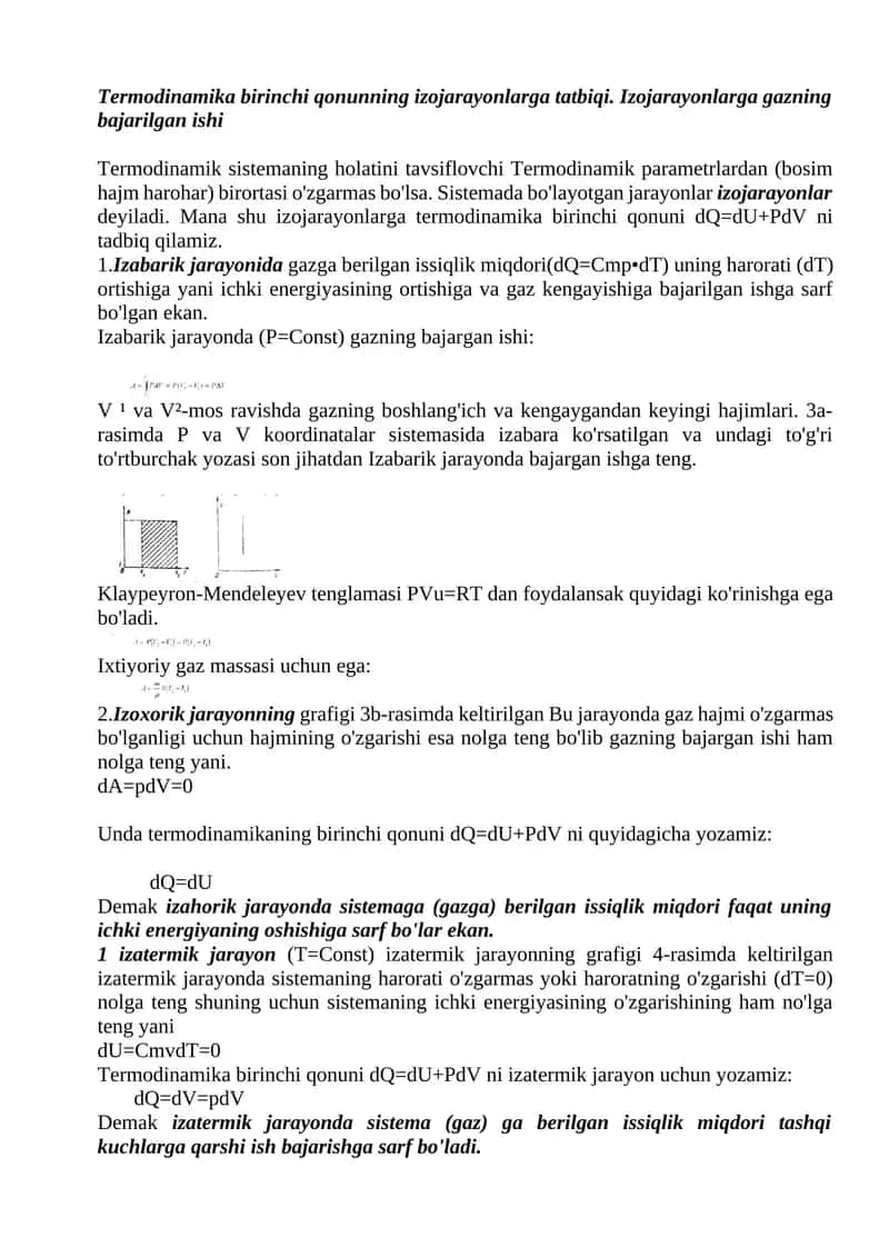 Termodinamika birinchi qonuning izojarayonlarga tatbiqi