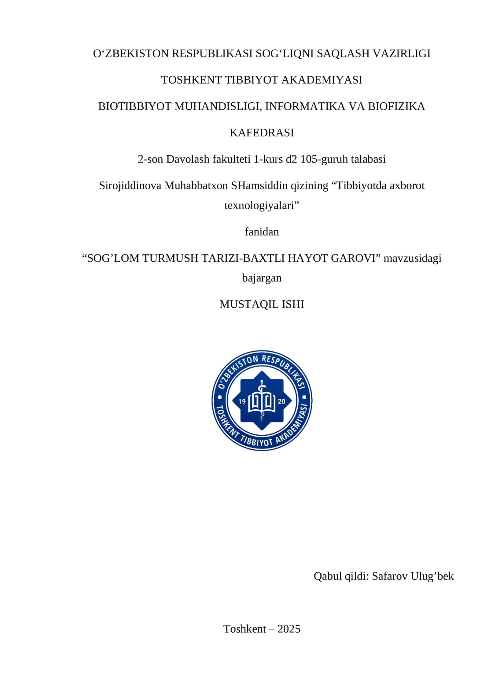 SOG’LOM TURMUSH TARIZI-BAXTLI HAYOT GAROVI
