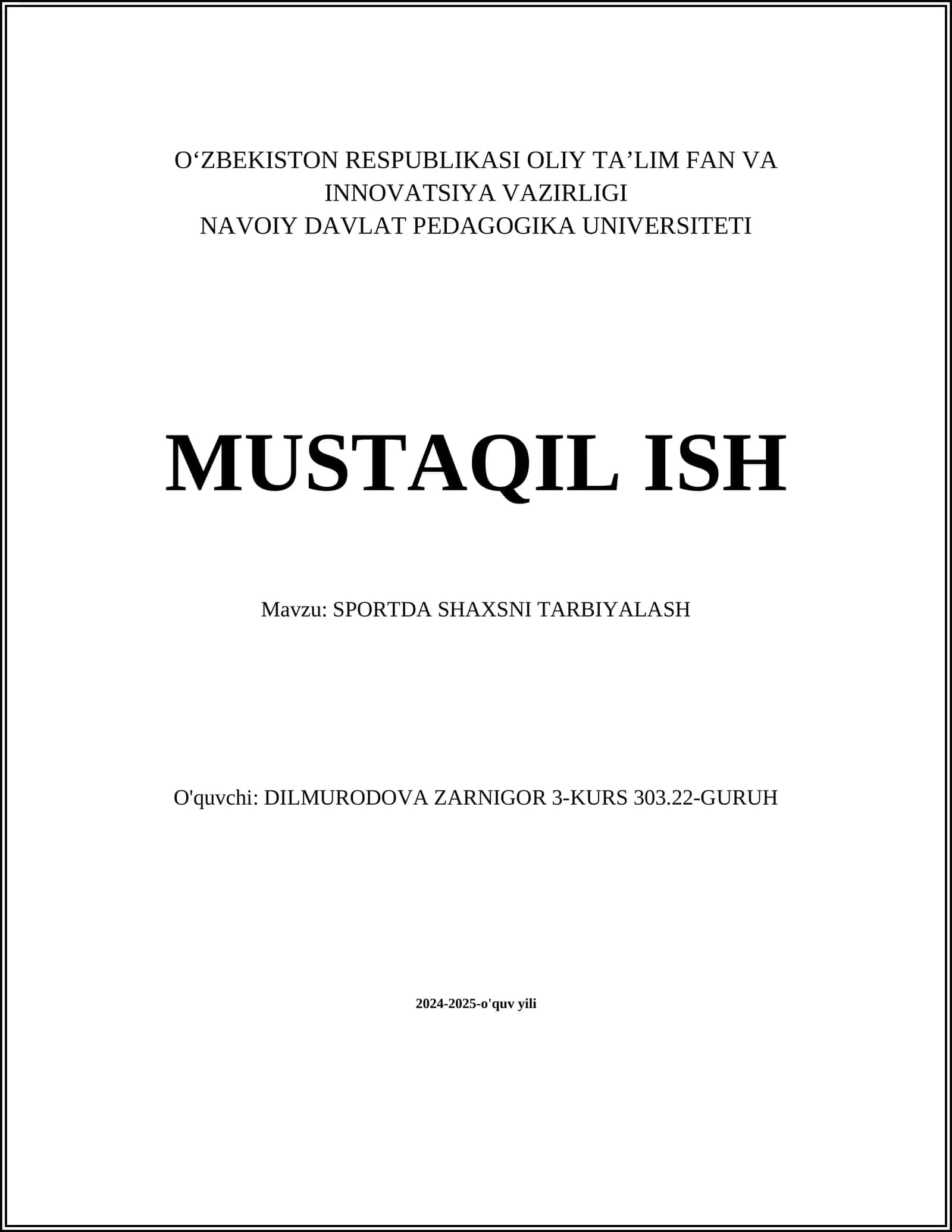 SPORTDA SHAXSNI TARBIYALASH