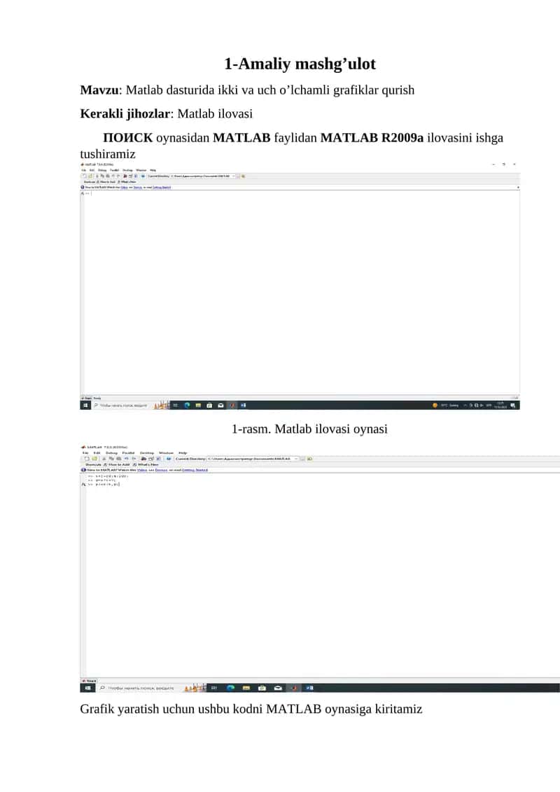 Matlab dasturida ikki va uch o'lchamli grafiklar qurish