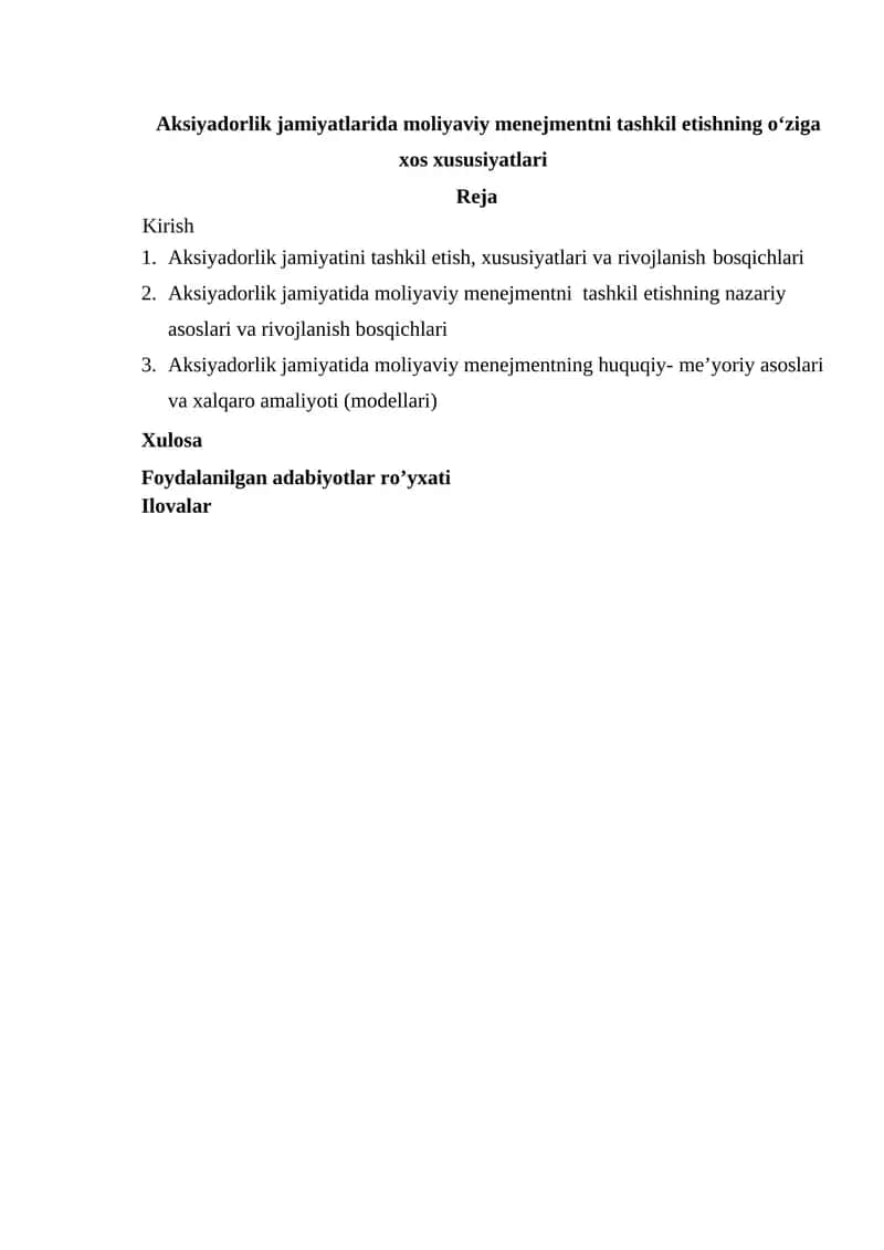 Aksiyadorlik jamiyatlarida moliyaviy menejmentni tashkil etishning o‘ziga xos xususiyatlari