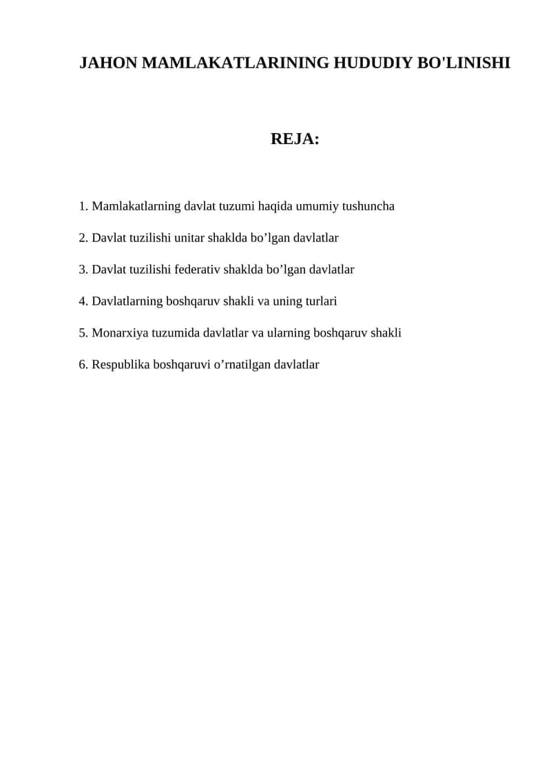 JAHON MAMLAKATLARINING HUDUDIY BO'LINISHI