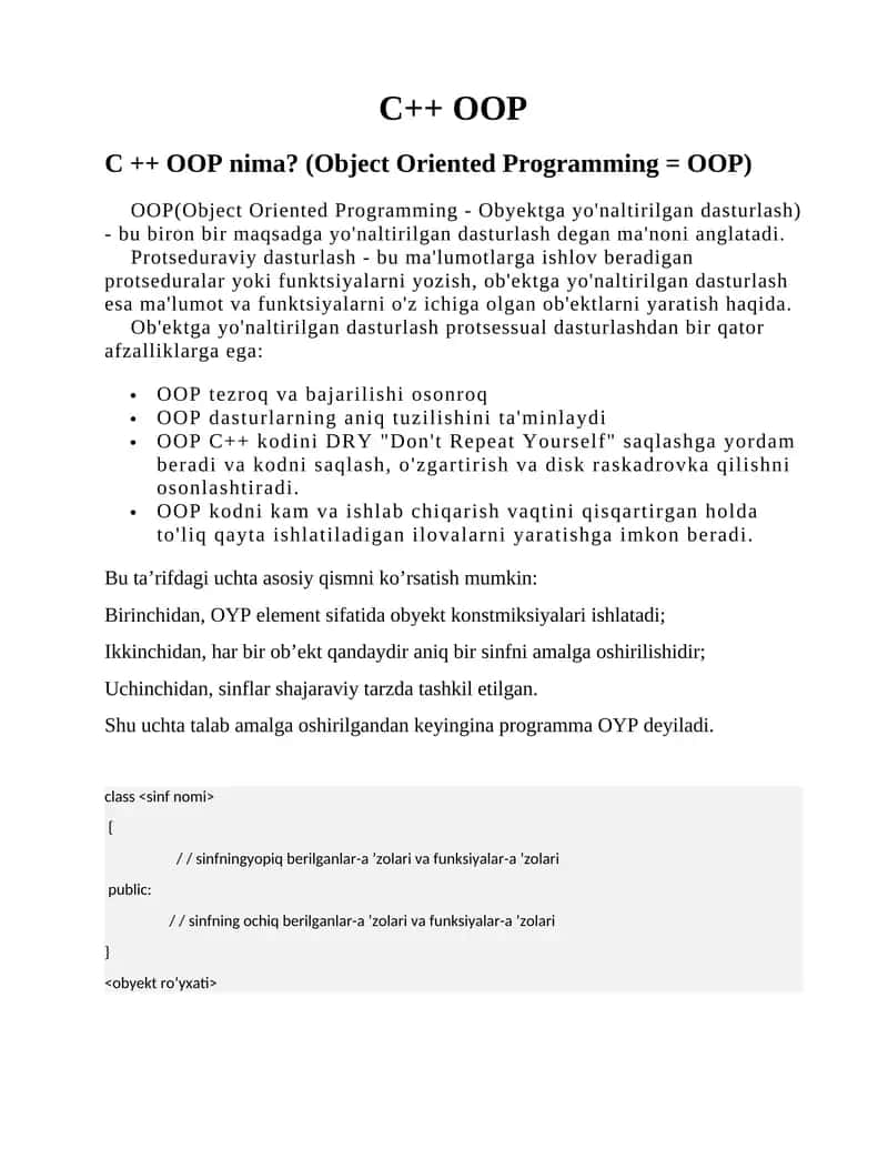 OOP(Object Oriented Programming - Obyektga yo'naltirilgan dasturlash)