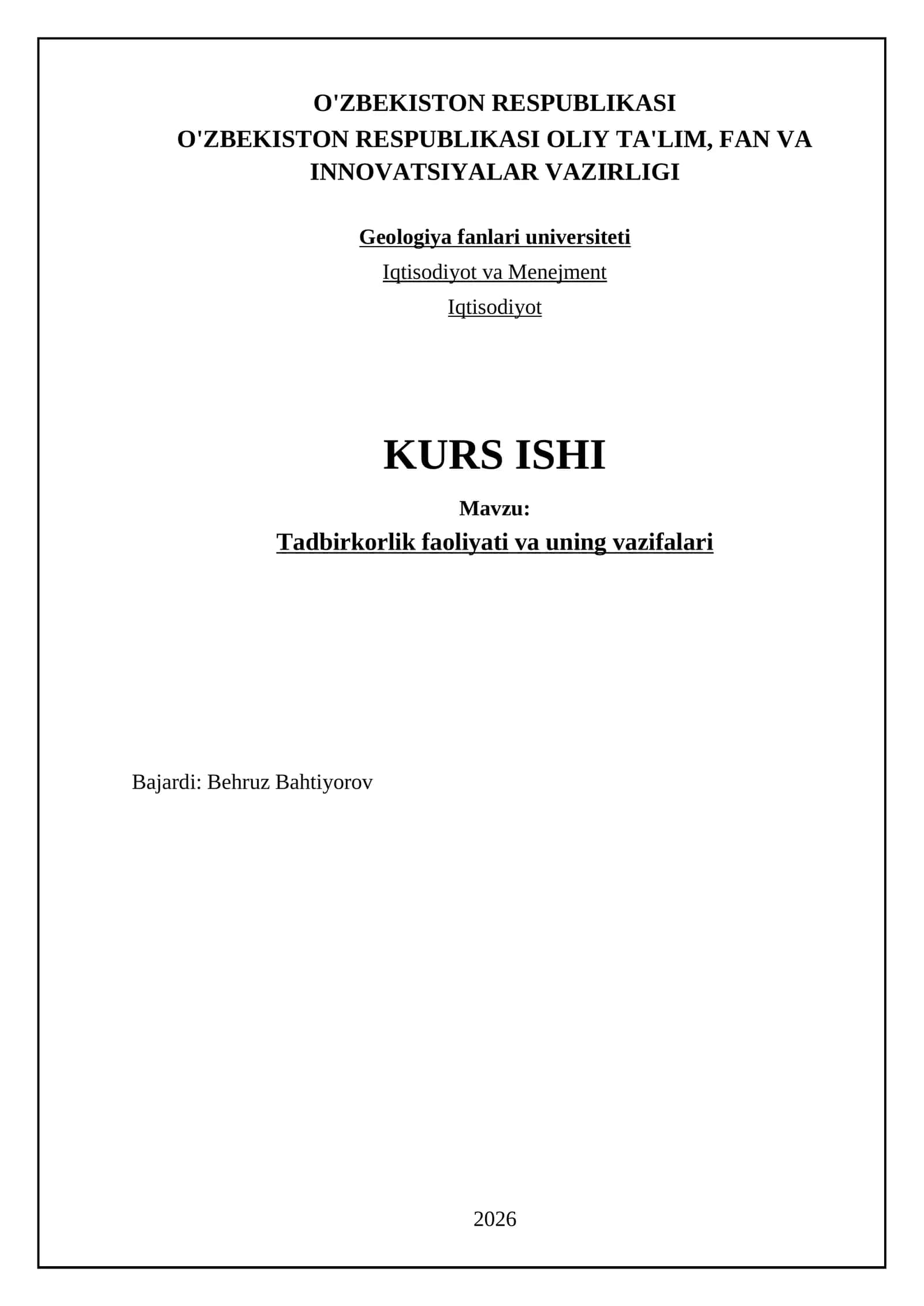 Tadbirkorlik faoliyati va uning vazifalari