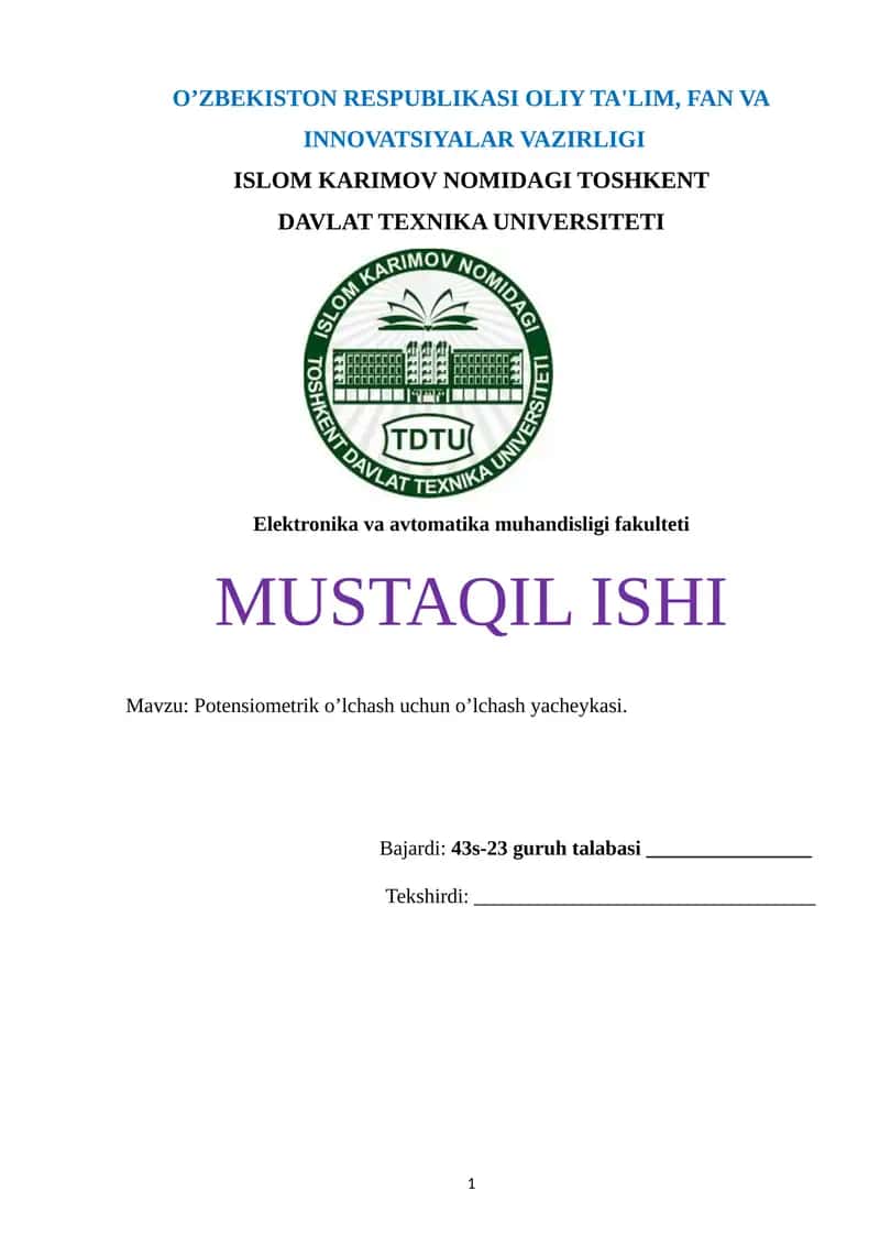 Potensiometrik o’lchash uchun o’lchash yacheykasi