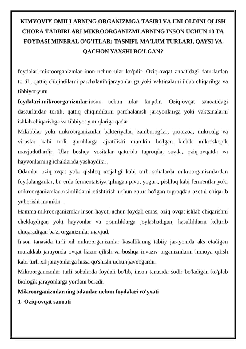 Mikroorganizmlarning inson uchun foydasi