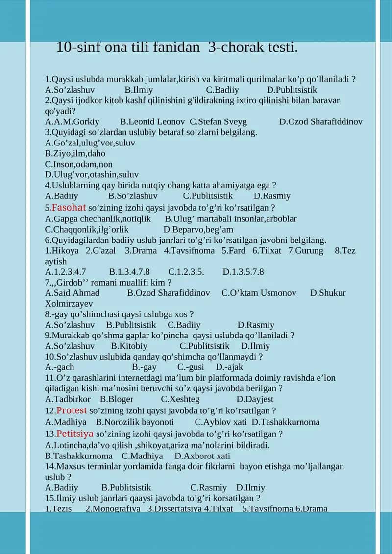 10-sinf ona tili fanidan 3-chorak testi