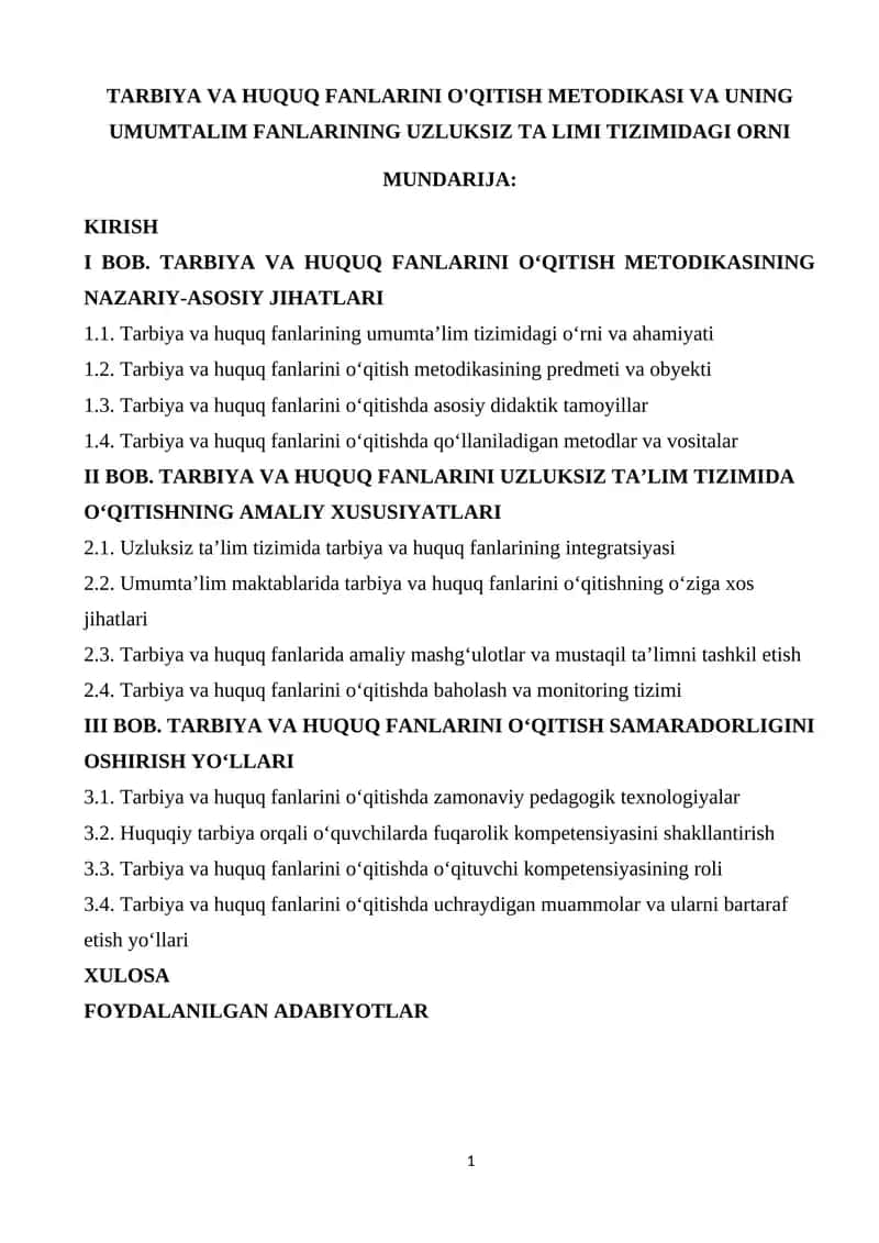 Tarbiya va Huquq Fanlarini O'qitish Metodikasi
