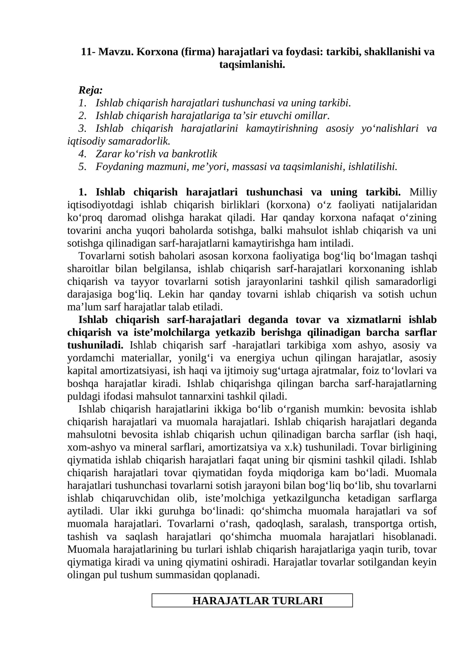 Korxona (firma) harajatlari va foydasi: tarkibi, shakllanishi va taqsimlanishi