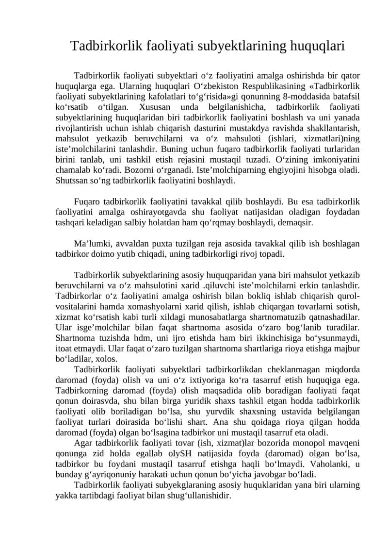 Tadbirkorlik faoliyati subyektlarining huquqlari