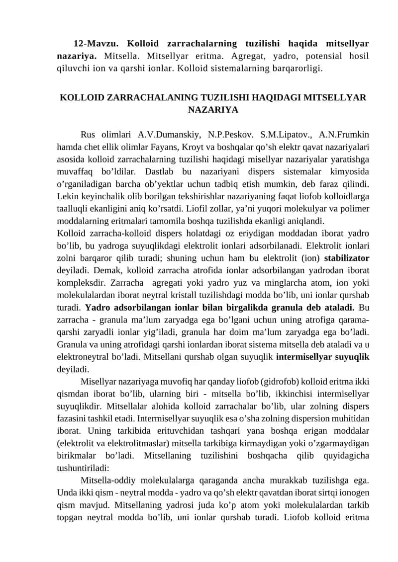 Kolloid zarrachalar tuzilishi