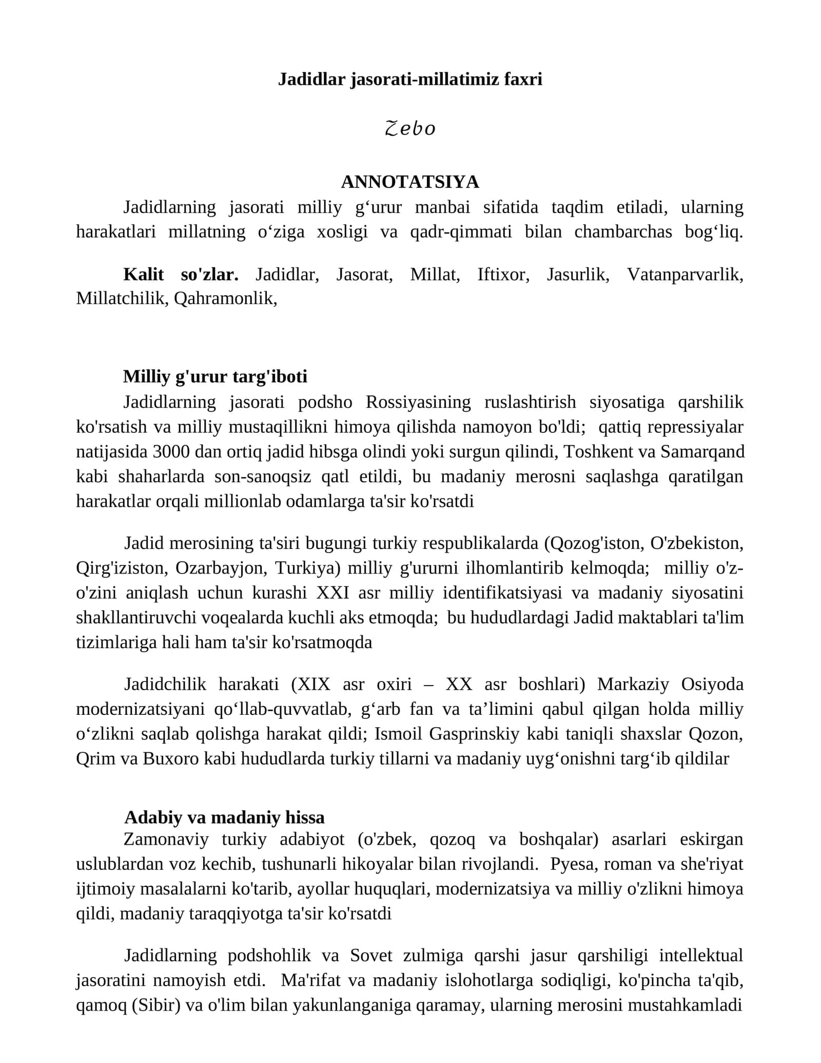 Jadidlar jasorati-millatimiz faxri