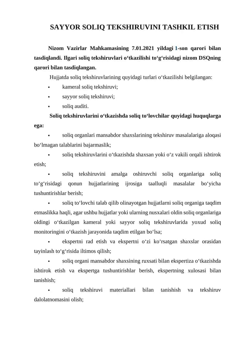 SAYYOR SOLIQ TEKSHIRUVINI TASHKIL ETISH