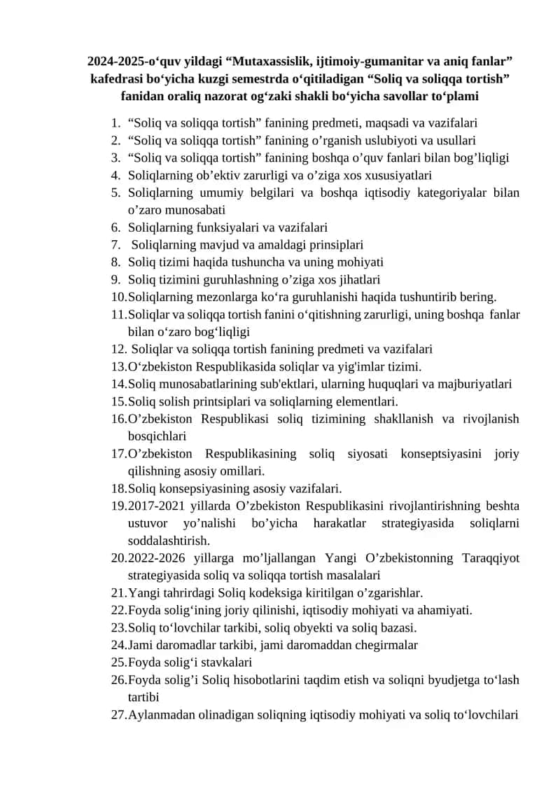 Soliq va Soliqqa Tortish fanidan Oraliq Nazorat Savollari