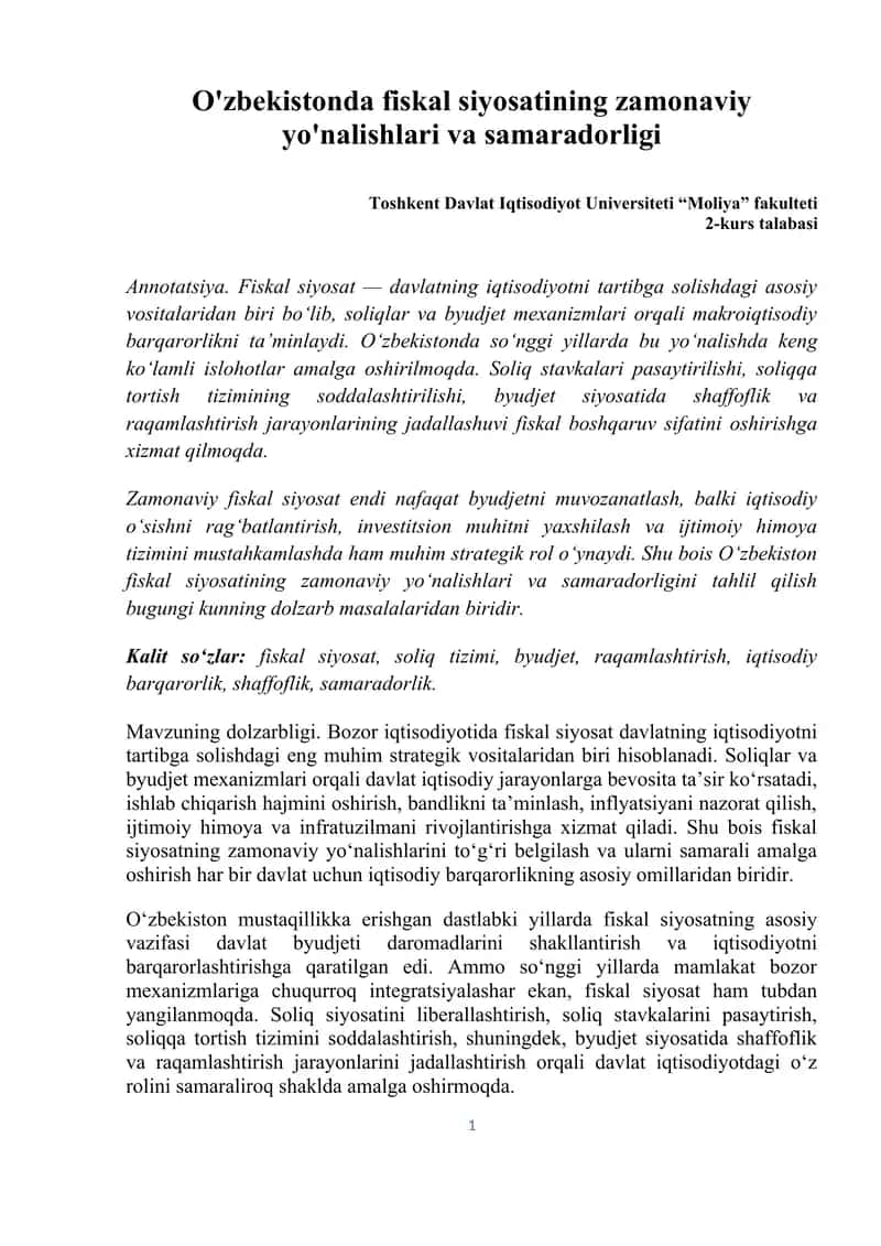 Fiskal siyosatining zamonaviy yo'nalishlari va samaradorligi