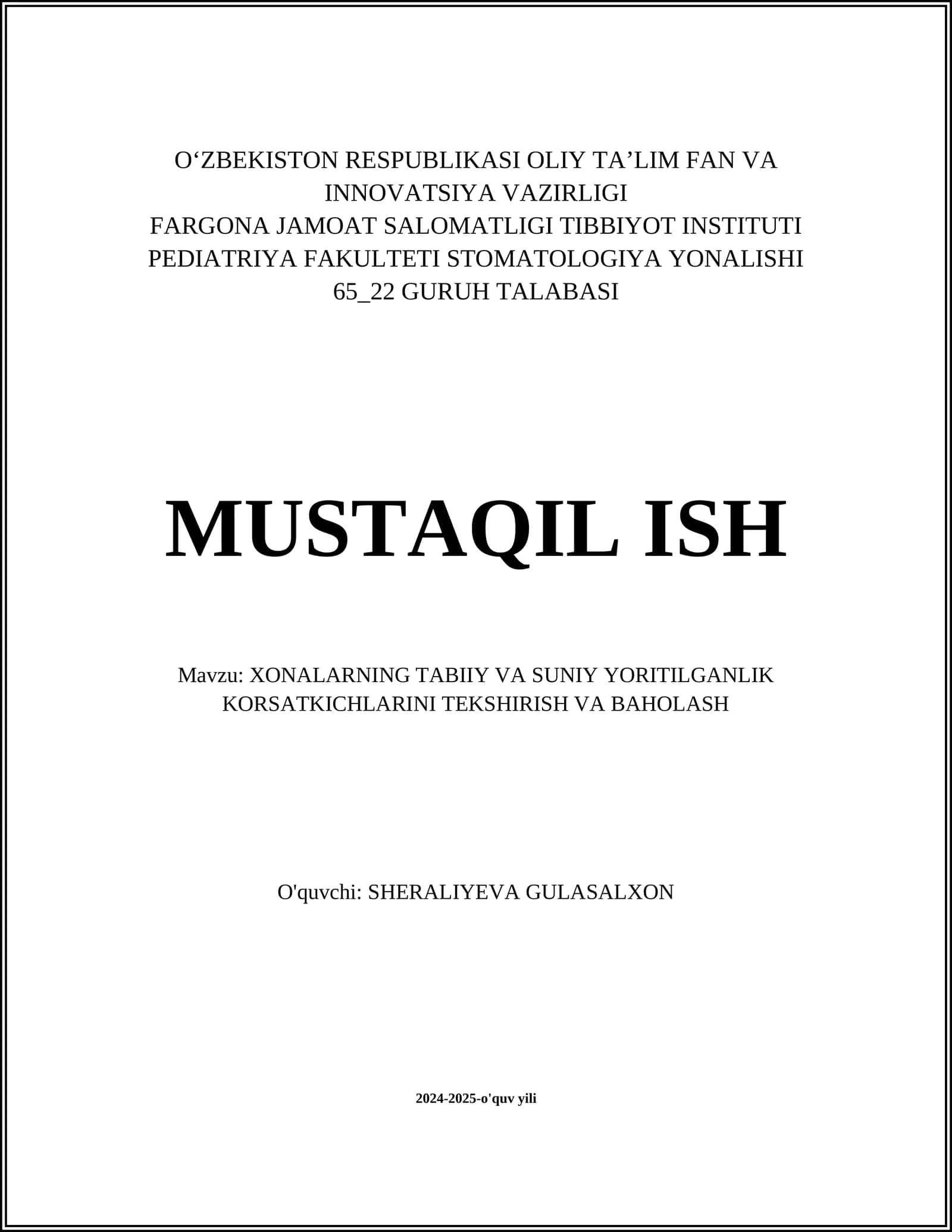 XONALARNING TABIIY VA SUNIY YORITILGANLIK KORSATKICHLARINI TEKSHIRISH VA BAHOLASH