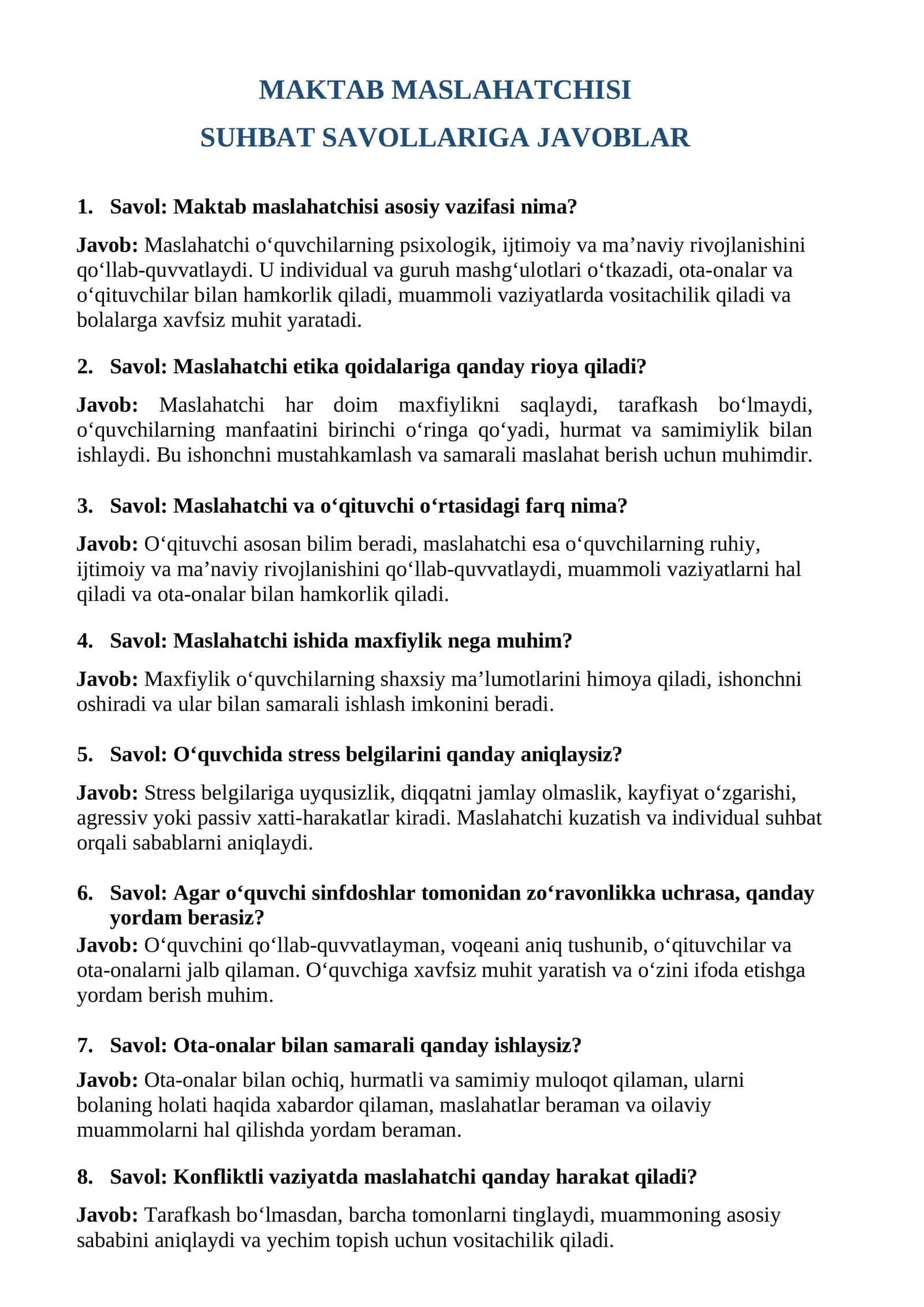 Maktab maslahatchisi suhbat savollari