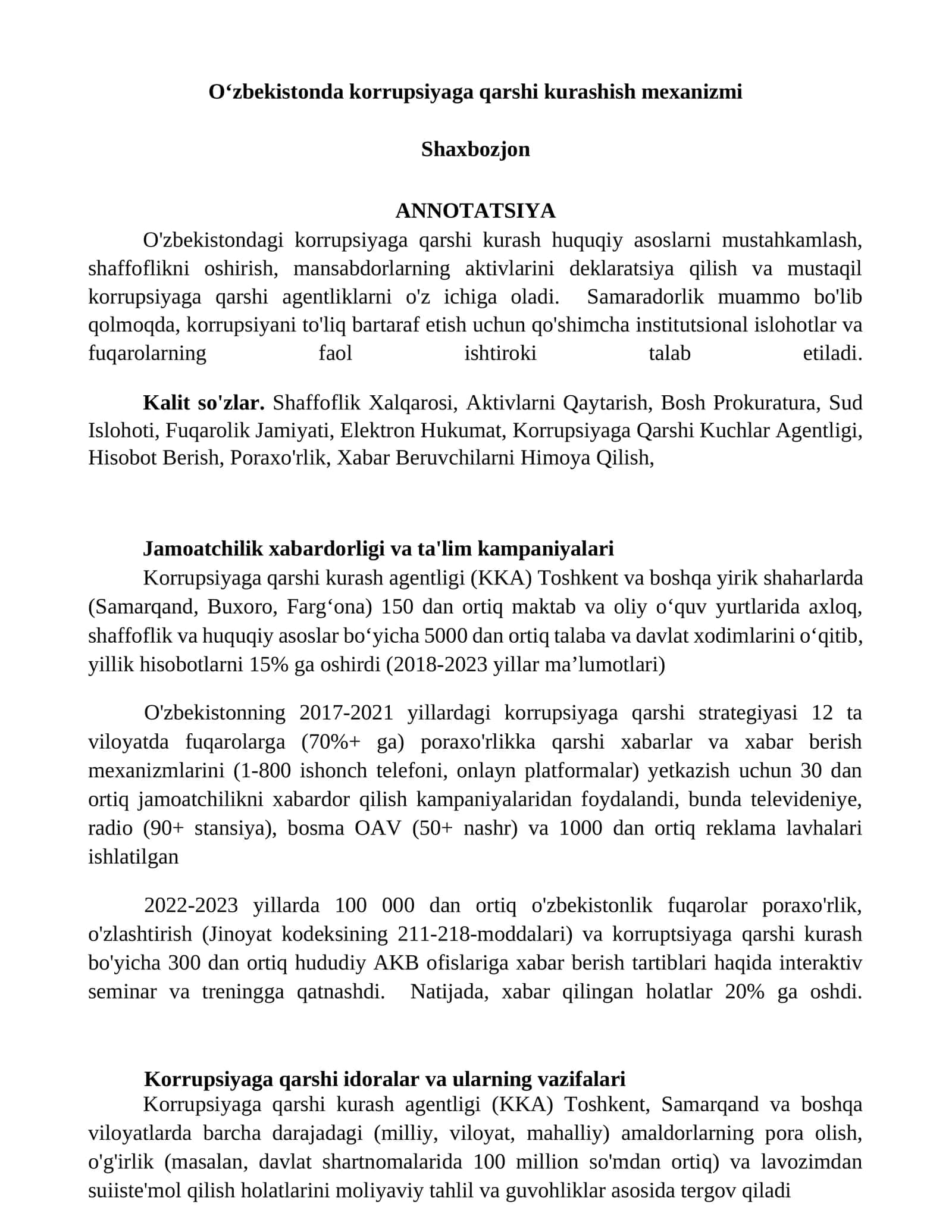 Korrupsiyaga qarshi kurashish mexanizmi