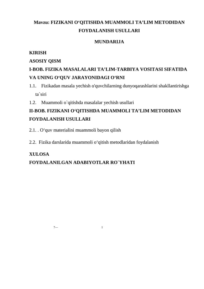 FIZIKANI O‘QITISHDA MUAMMOLI TA’LIM METODIDAN FOYDALANISH USULLARI