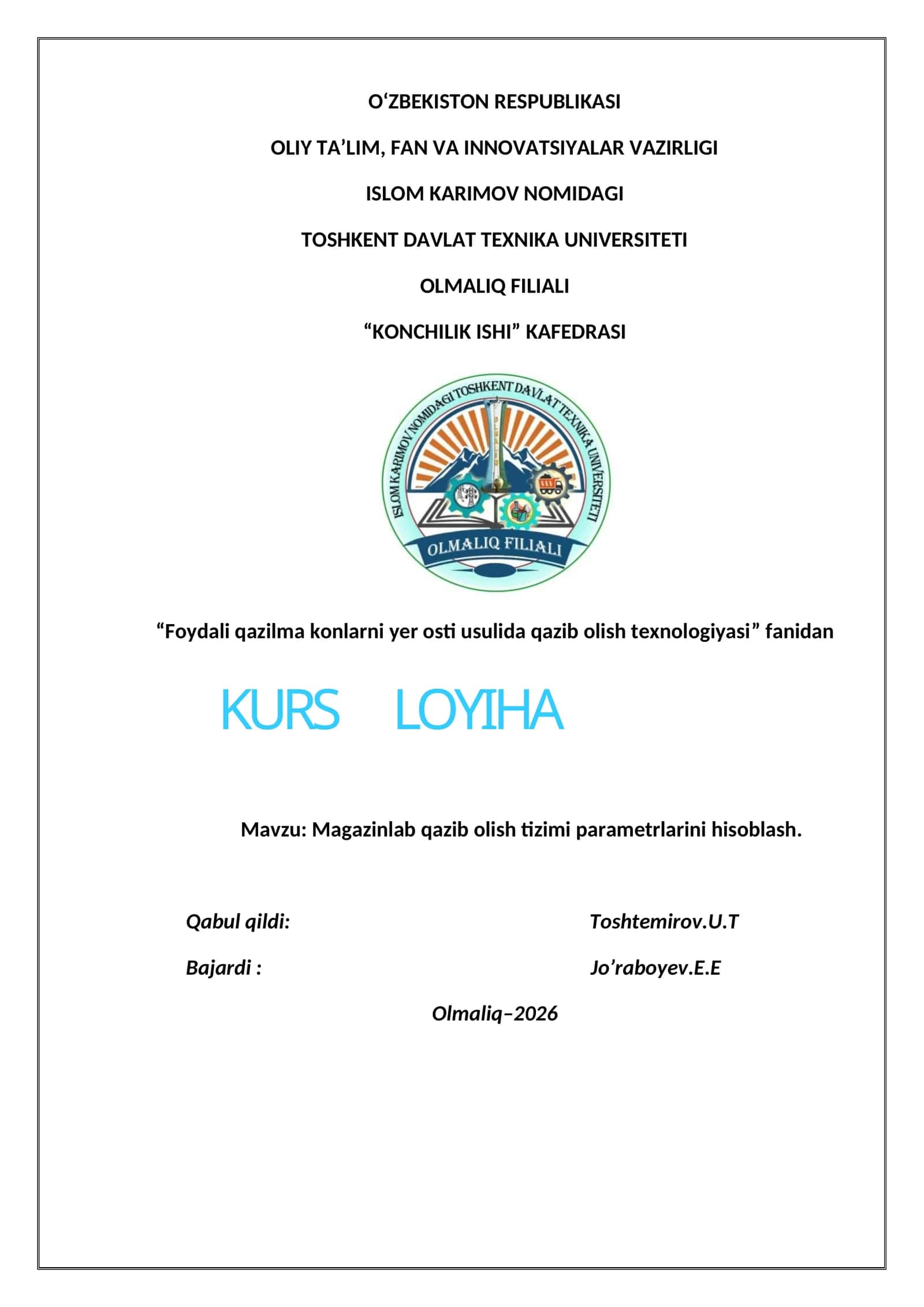 Magazinlab qazib olish tizimi parametrlarini hisoblash