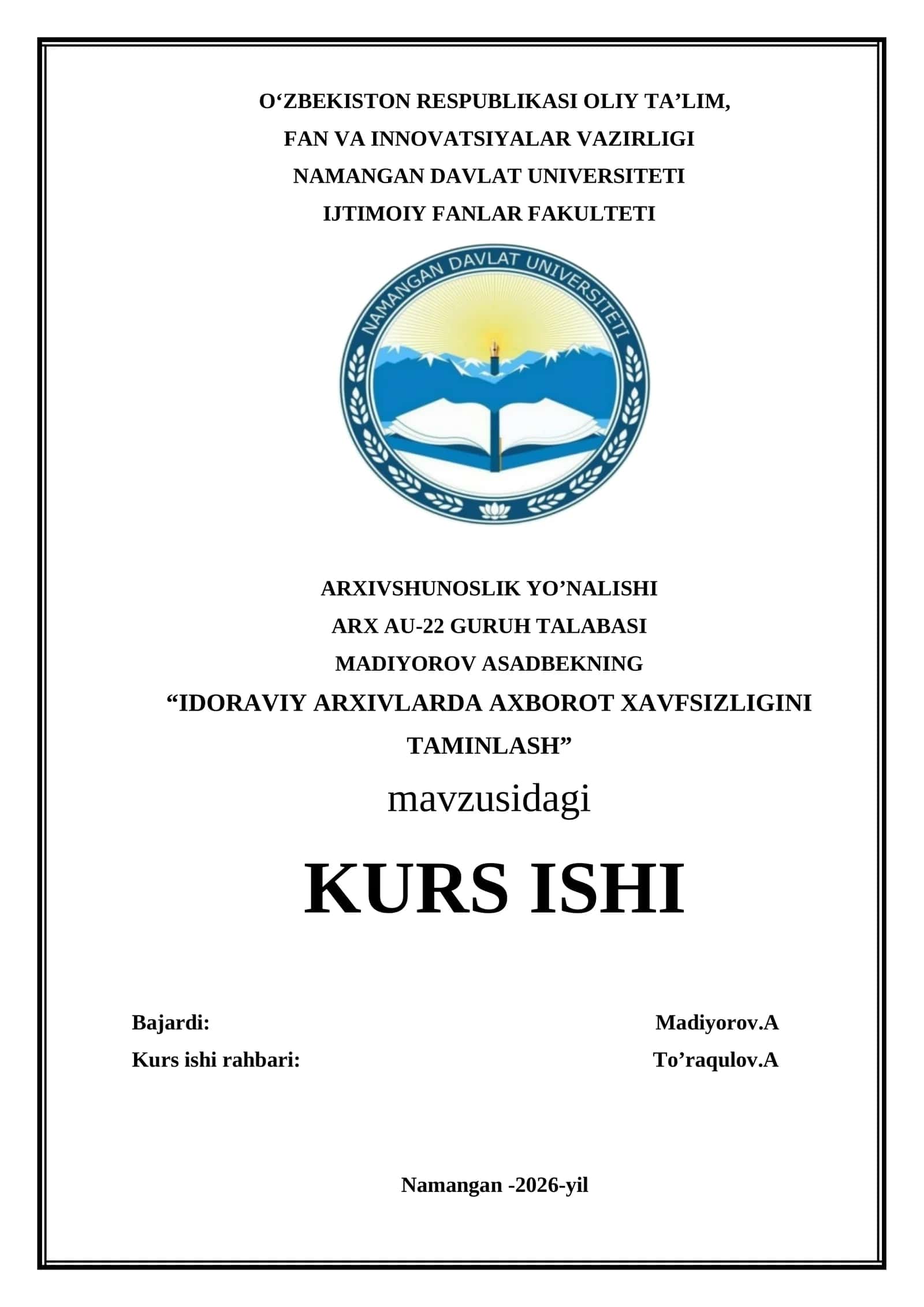 IDORAVIY ARXIVLARDA AXBOROT XAVFSIZLIGINI TAMINLASH