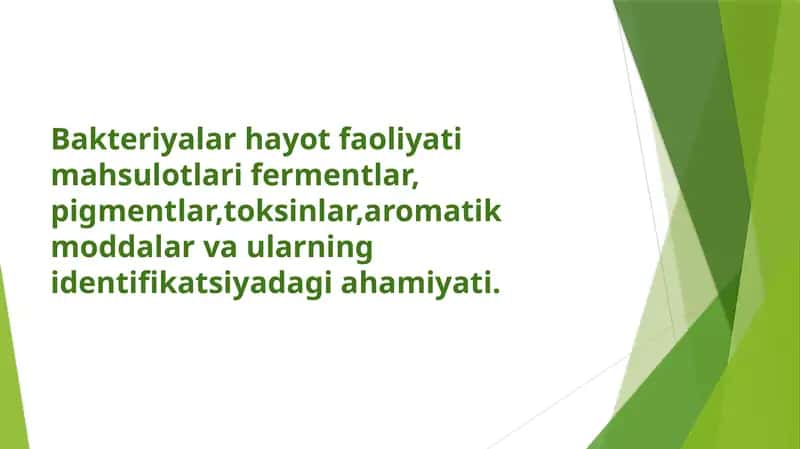 Bakteriyalar hayot faoliyati mahsulotlari fermentlar, pigmentlar,toksinlar,aromatik moddalar va ularning identifikatsiyadagi ahamiyati.