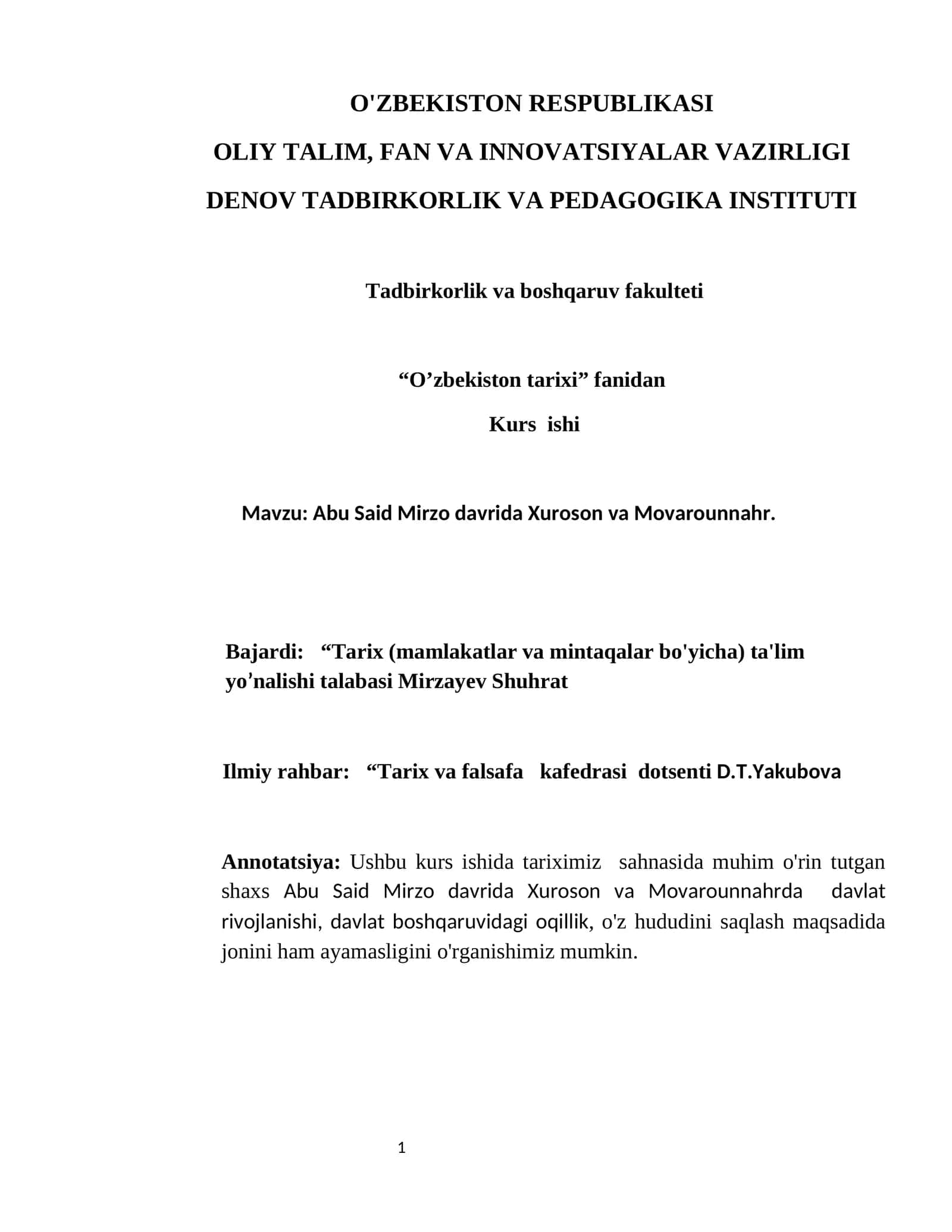 Abu Said Mirzo davrida Xuroson va Movarounnahr.
