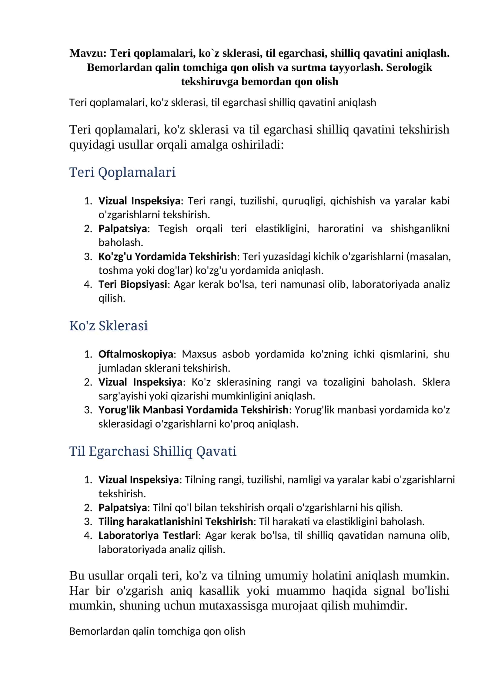 Teri qoplamalari, ko`z sklerasi, til egarchasi, shilliq qavatini aniqlash