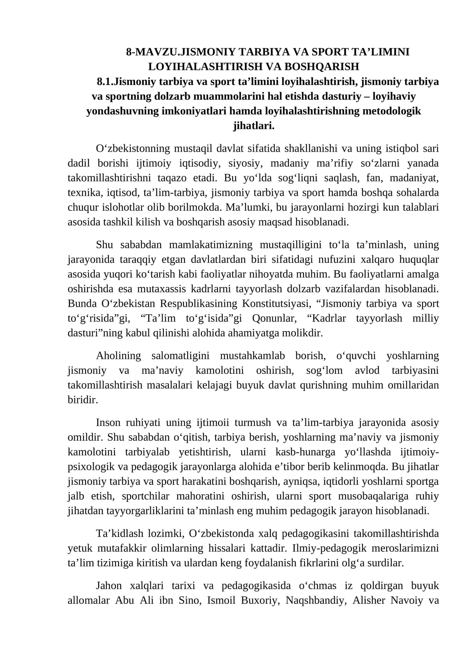 Jismoniy tarbiya va sport ta’limini loyihalashtirish va boshqarish