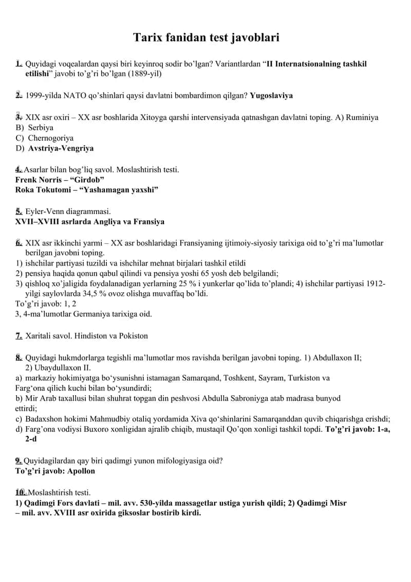 Tarix fanidan asosiy testlar