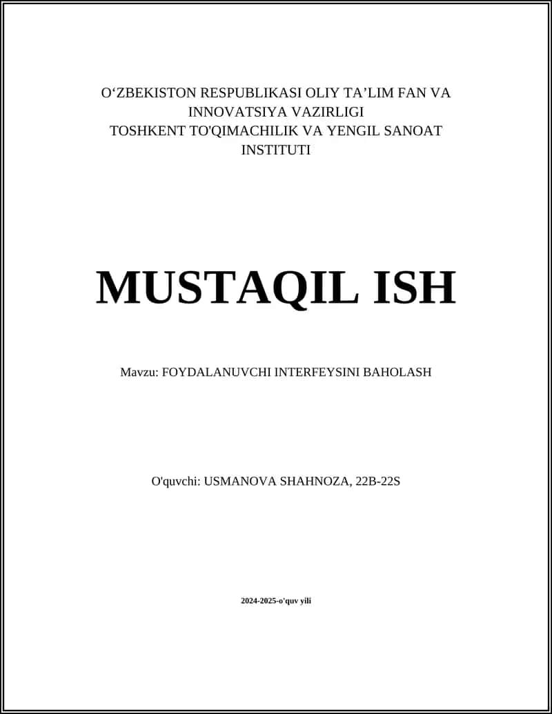 FOYDALANUVCHI INTERFEYSINI BAHOLASH