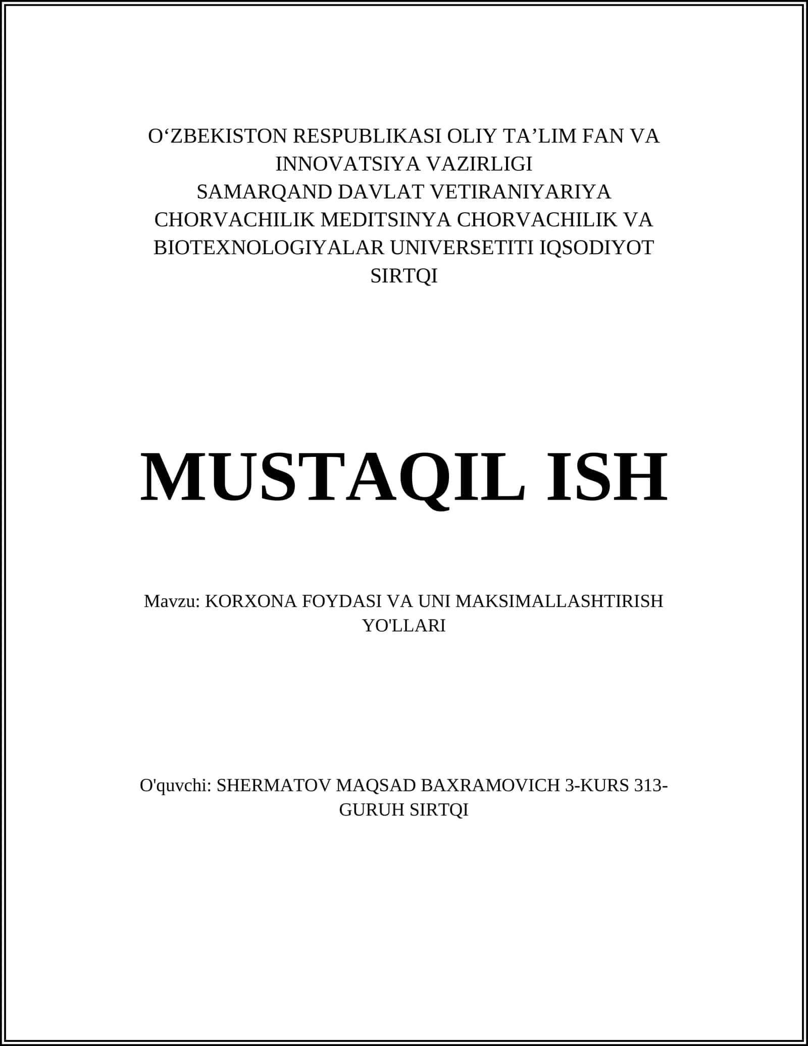 KORXONA FOYDASI VA UNI MAKSIMALLASHTIRISH YO'LLARI