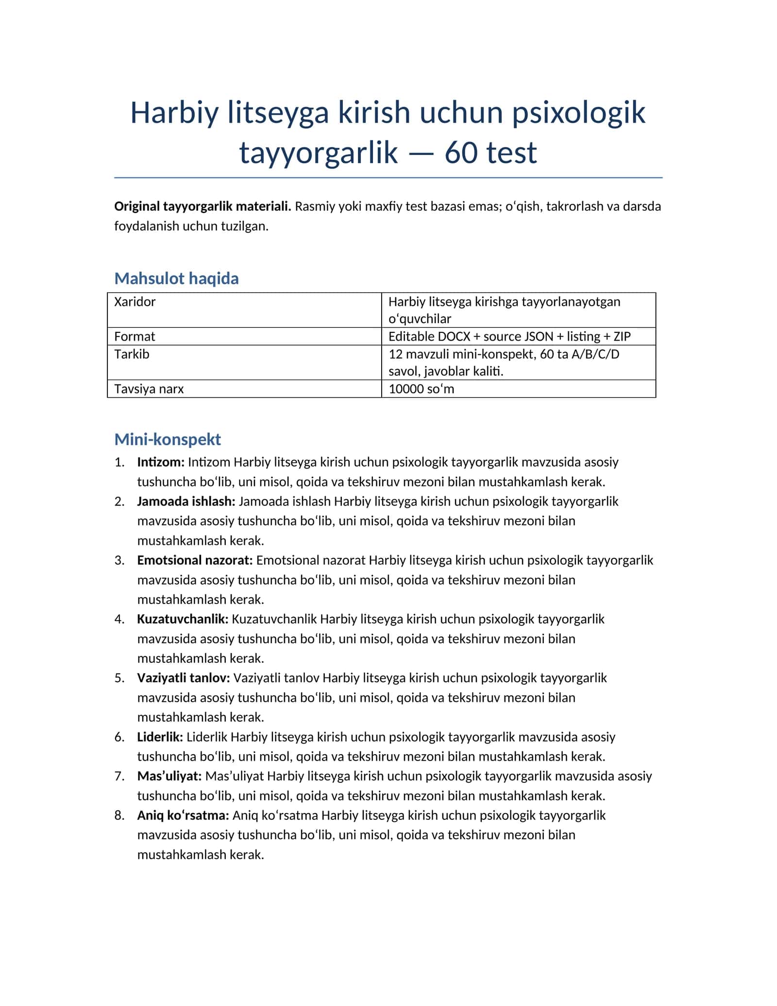 Harbiy litseyga kirish uchun psixologik tayyorgarlik — 60 test