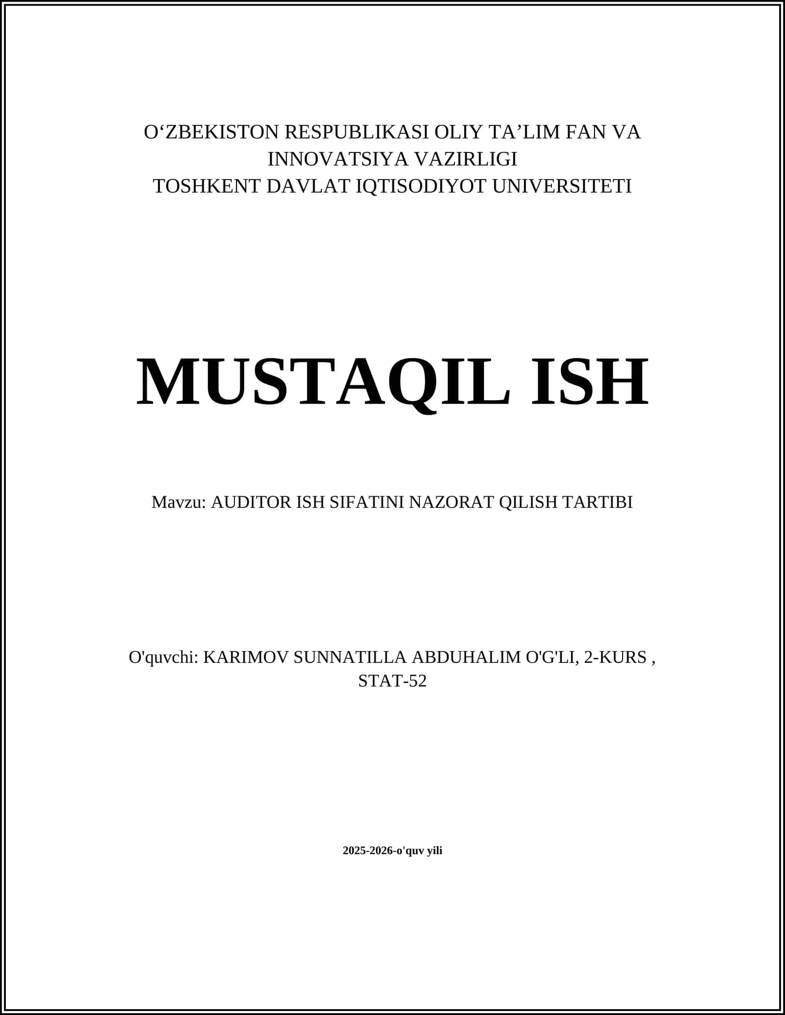 AUDITOR ISH SIFATINI NAZORAT QILISH TARTIBI
