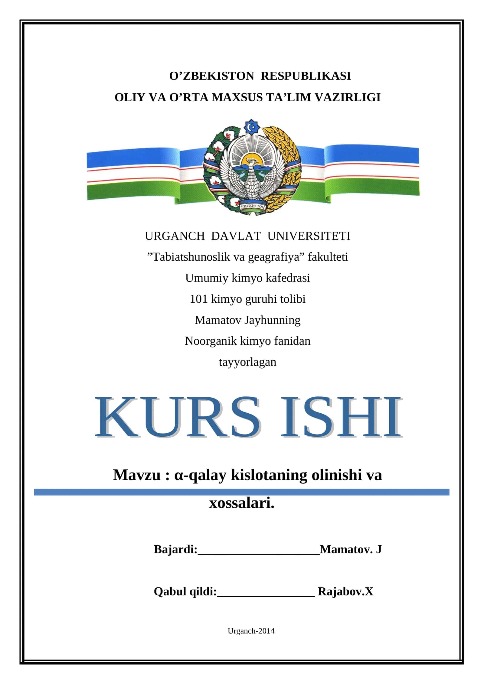 α-qalay kislotaning olinishi va xossalari