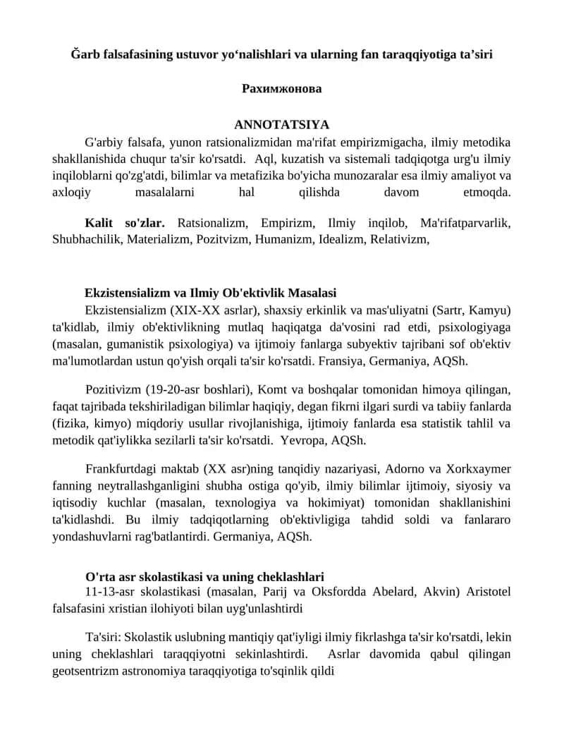 Ğarb falsafasining ustuvor yoʻnalishlari va ularning fan taraqqiyotiga taʼsiri Рахимжонова