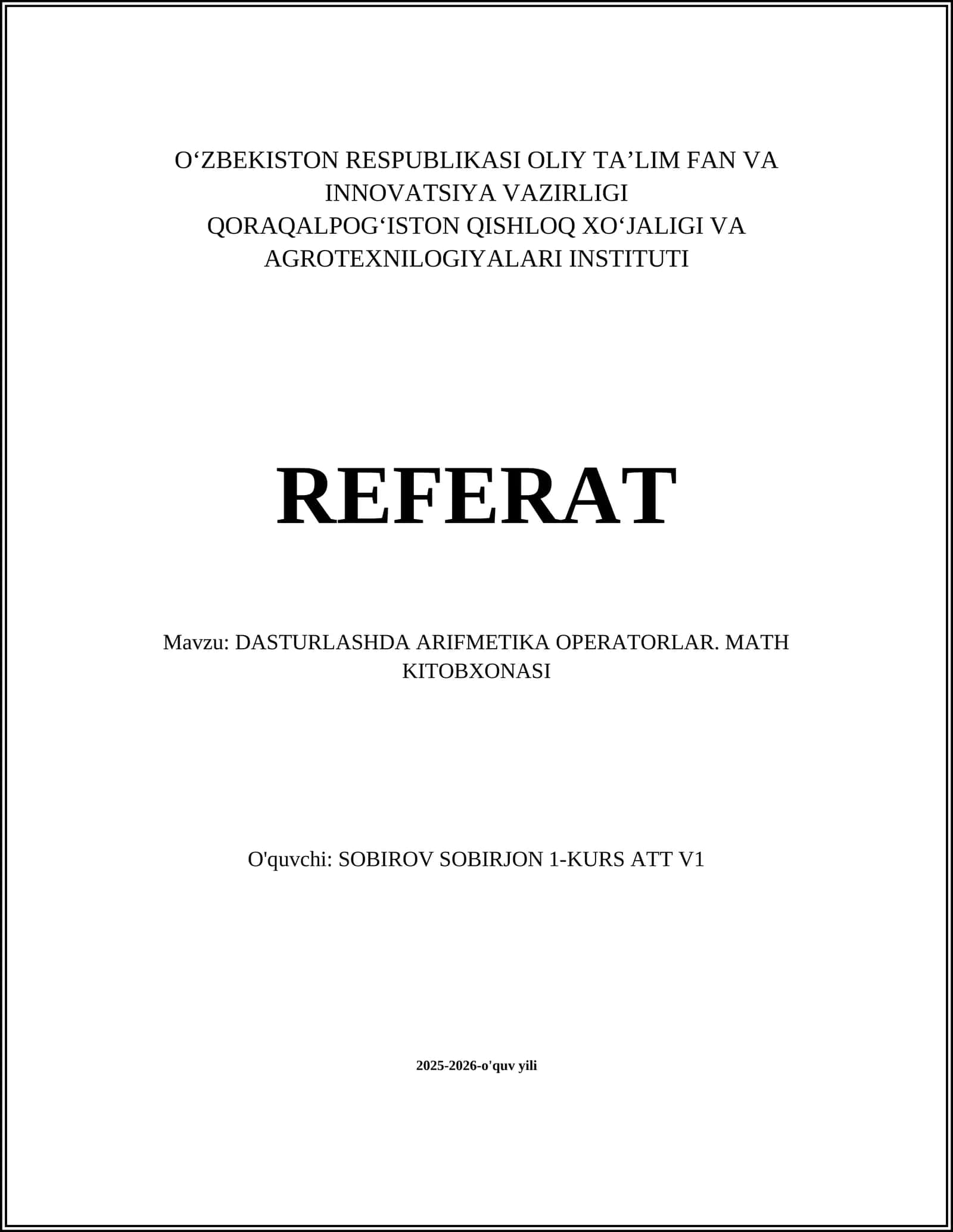 DASTURLASHDA ARIFMETIKA OPERATORLAR. MATH KITOBXONASI