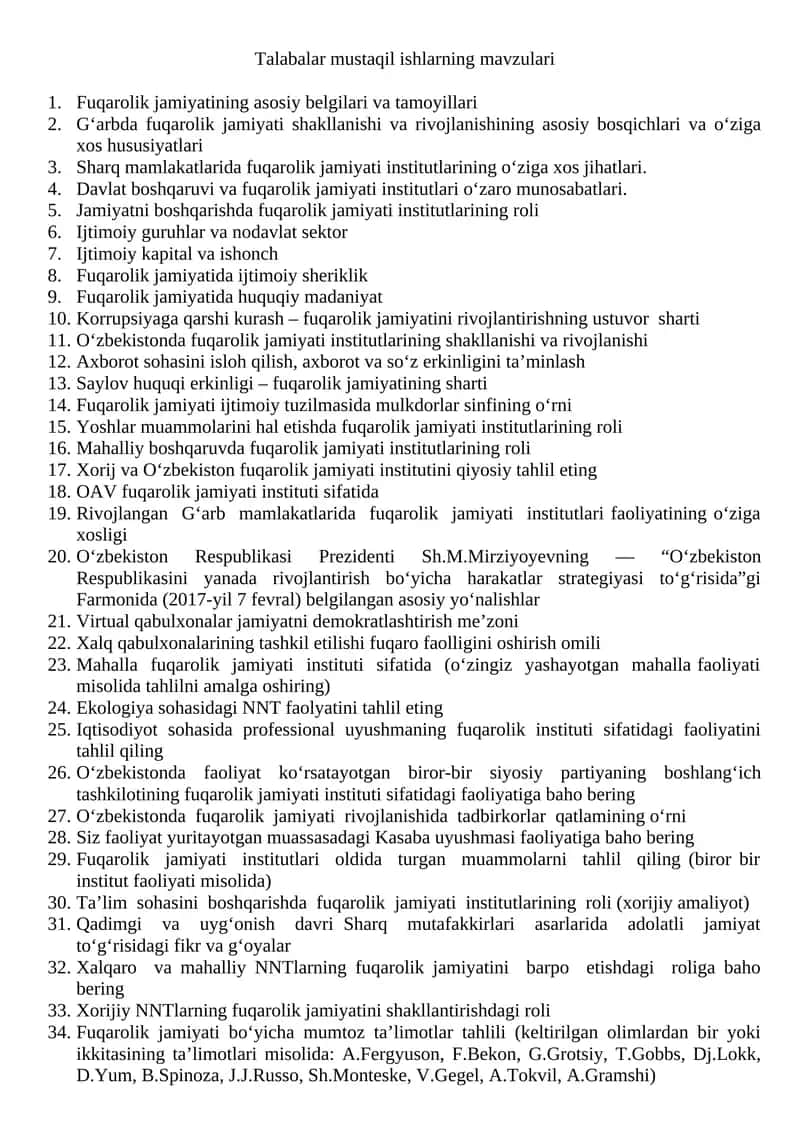 Talabalar mustaqil ishlarning mavzulari