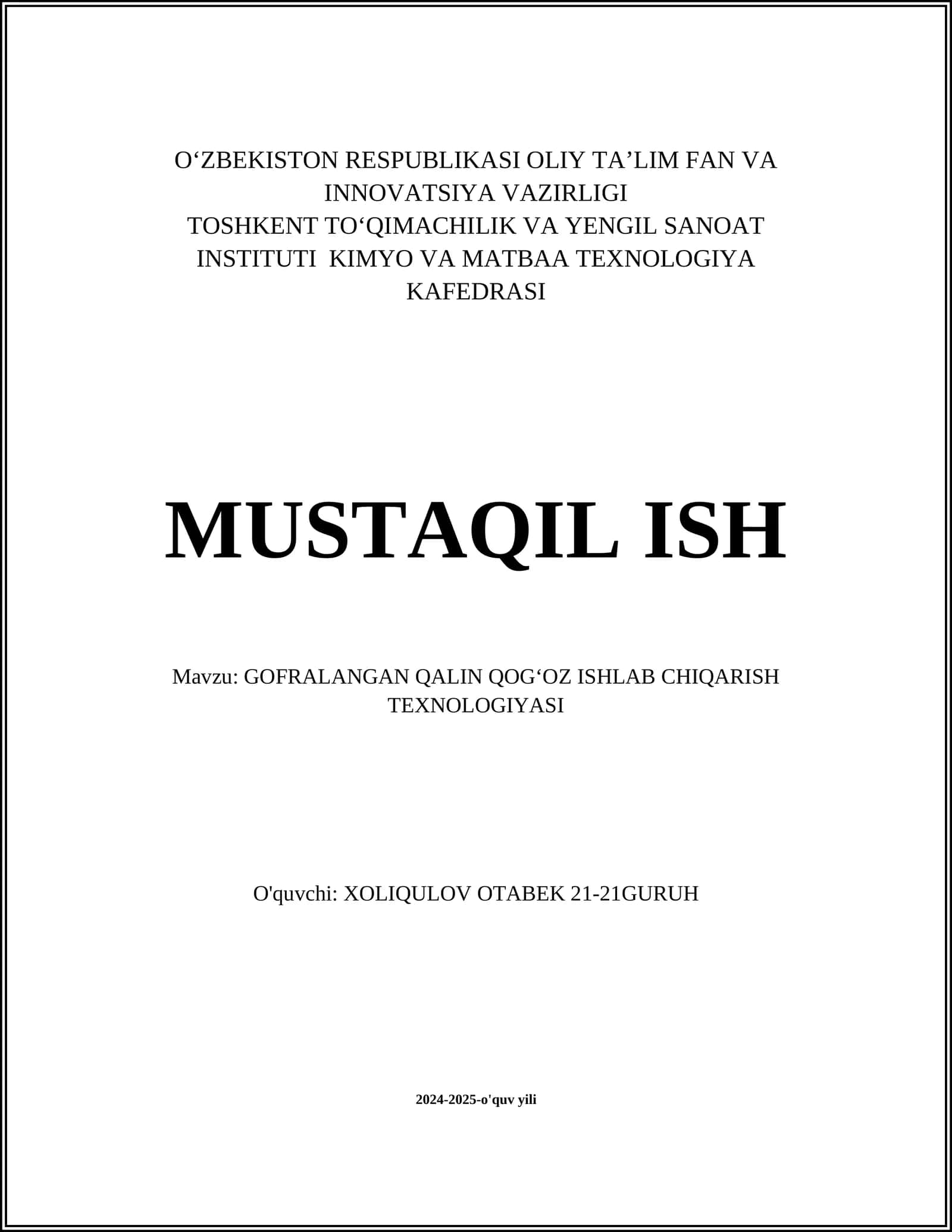 GOFRALANGAN QALIN QOGʻOZ ISHLAB CHIQARISH TEXNOLOGIYASI