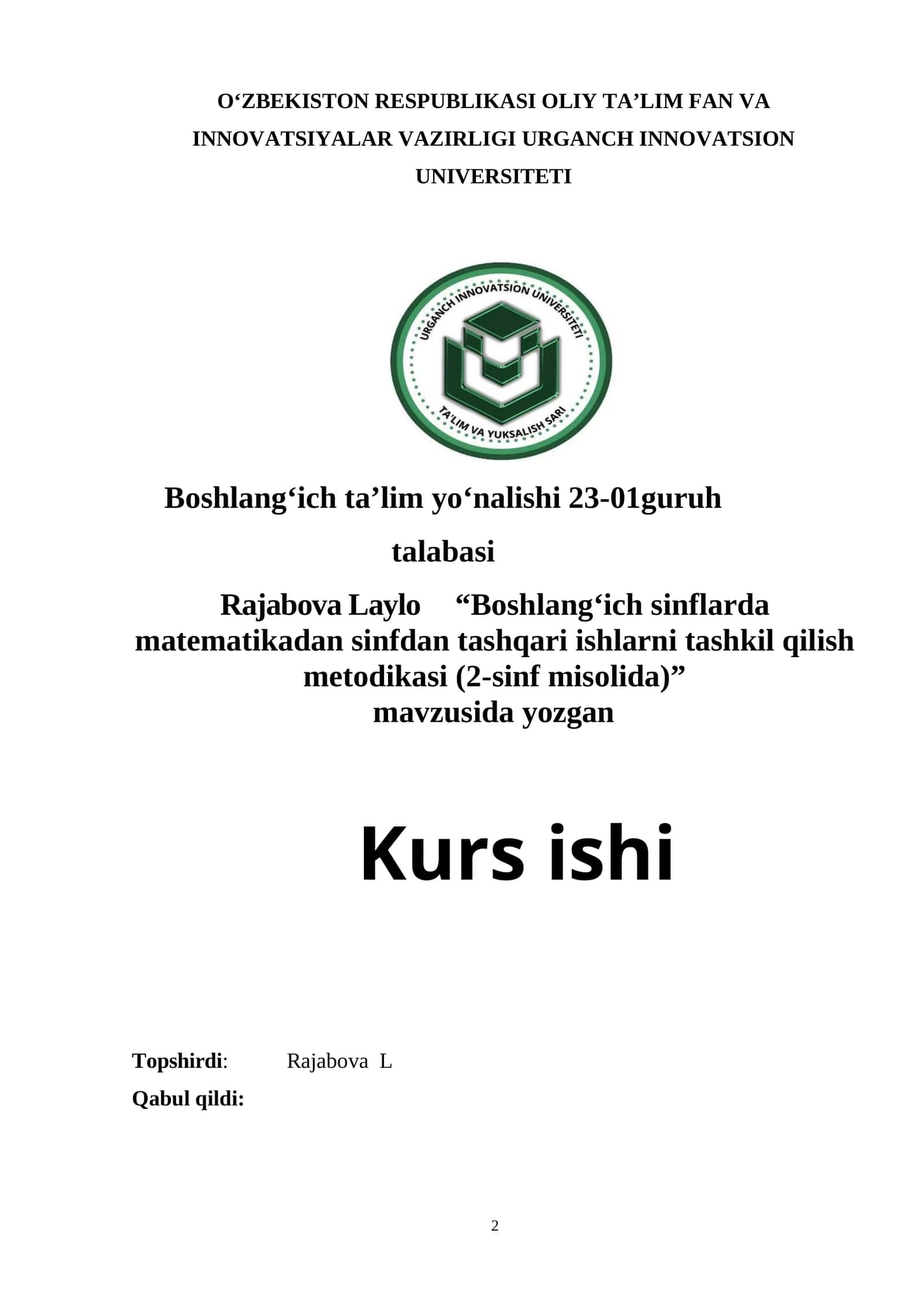 Boshlang‘ich sinflarda matematikadan sinfdan tashqari ishlarni tashkil qilish metodikasi (2-sinf misolida)