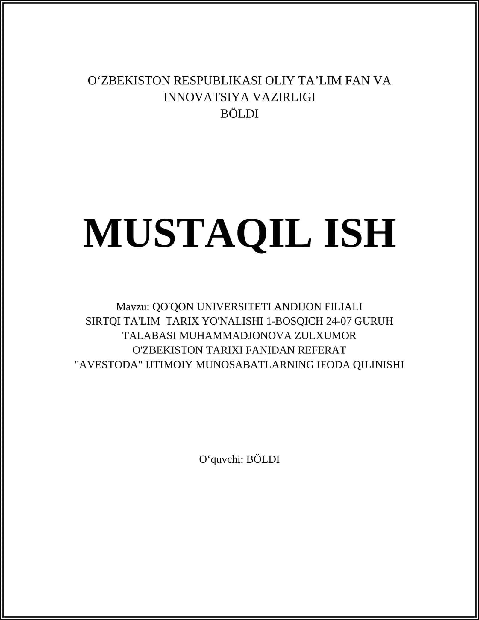 "AVESTODA" IJTIMOIY MUNOSABATLARNING IFODA QILINISHI
