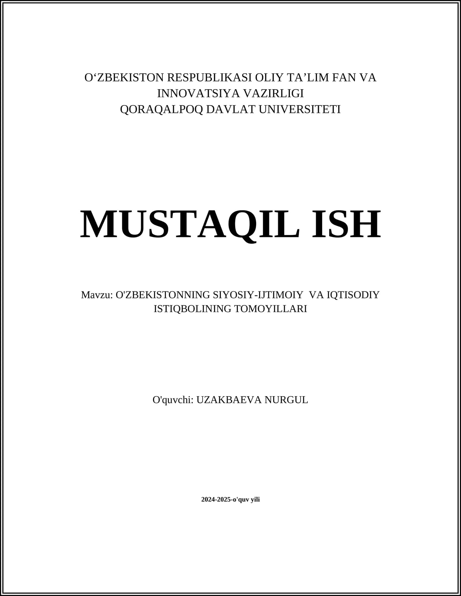 O'ZBEKISTONNING SIYOSIY-IJTIMOIY VA IQTISODIY ISTIQBOLINING TOMOYILLARI