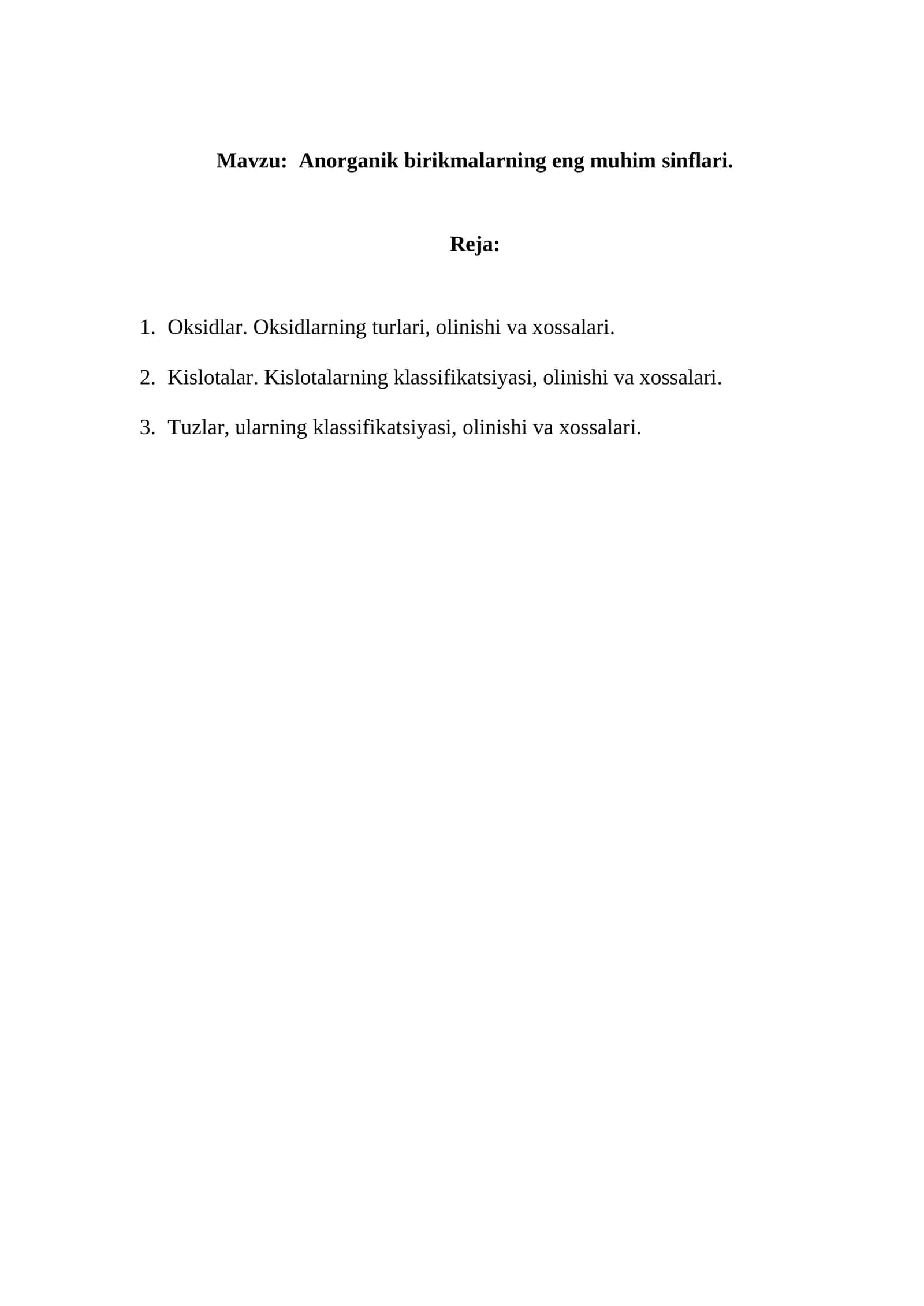 Anorganik birikmalarning eng muhim sinflari