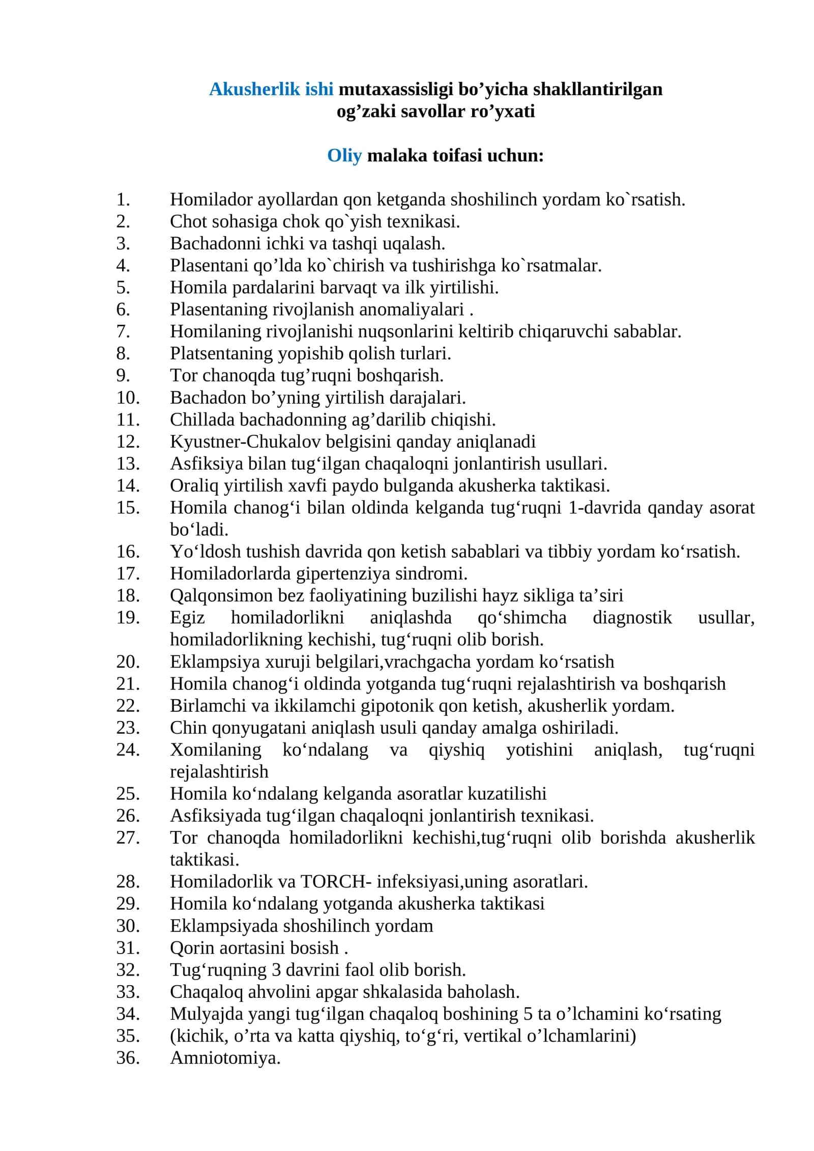 Argos test savollari Akusherlik ishi mutaxassisligi