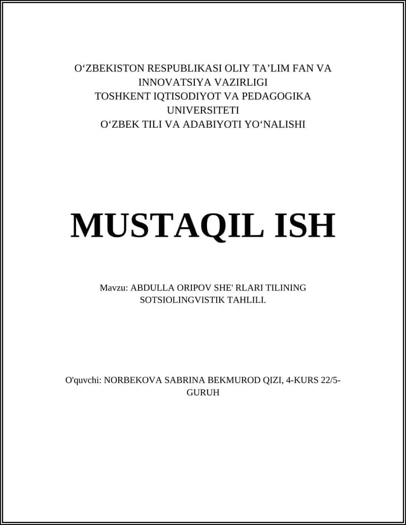 ABDULLA ORIPOV SHE' RLARI TILINING SOTSIOLINGVISTIK TAHLILI