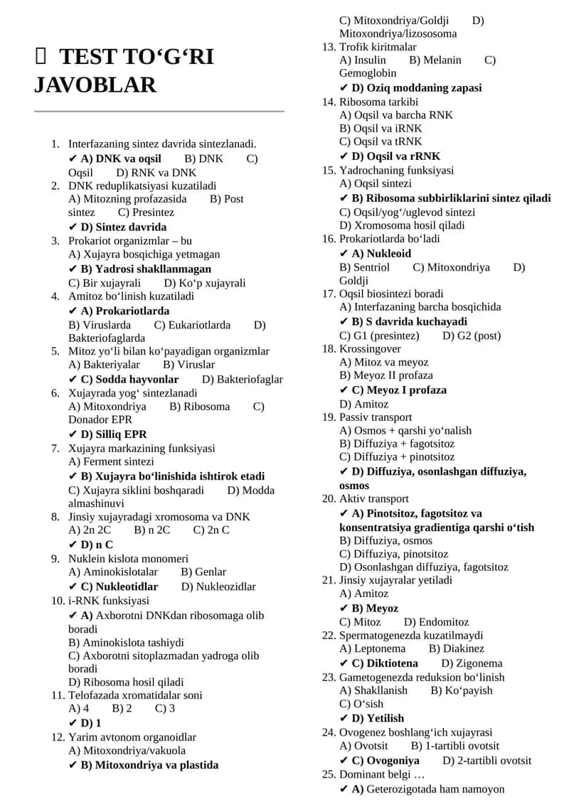 Tibbiy biologiya 1kurs 1semestr 2026 javoblari